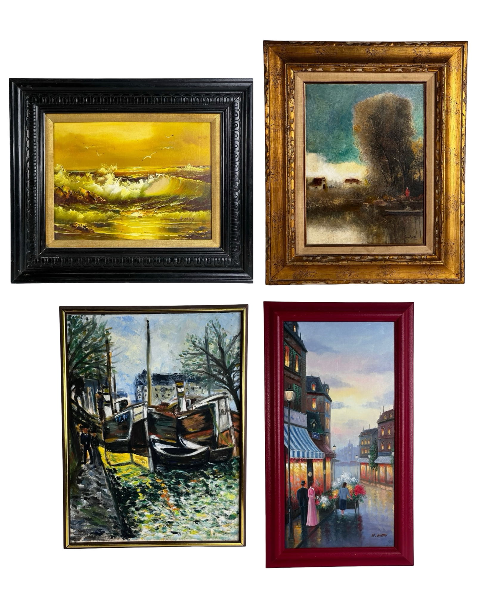 Framed Oil Paintings - Seascape, Landscape, Harbo: Collection of four vintage framed oil paintings featuring a variety of classic subjects including a dramatic seascape with crashing waves, a tranquil countryside landscape, a harbor scene with docked