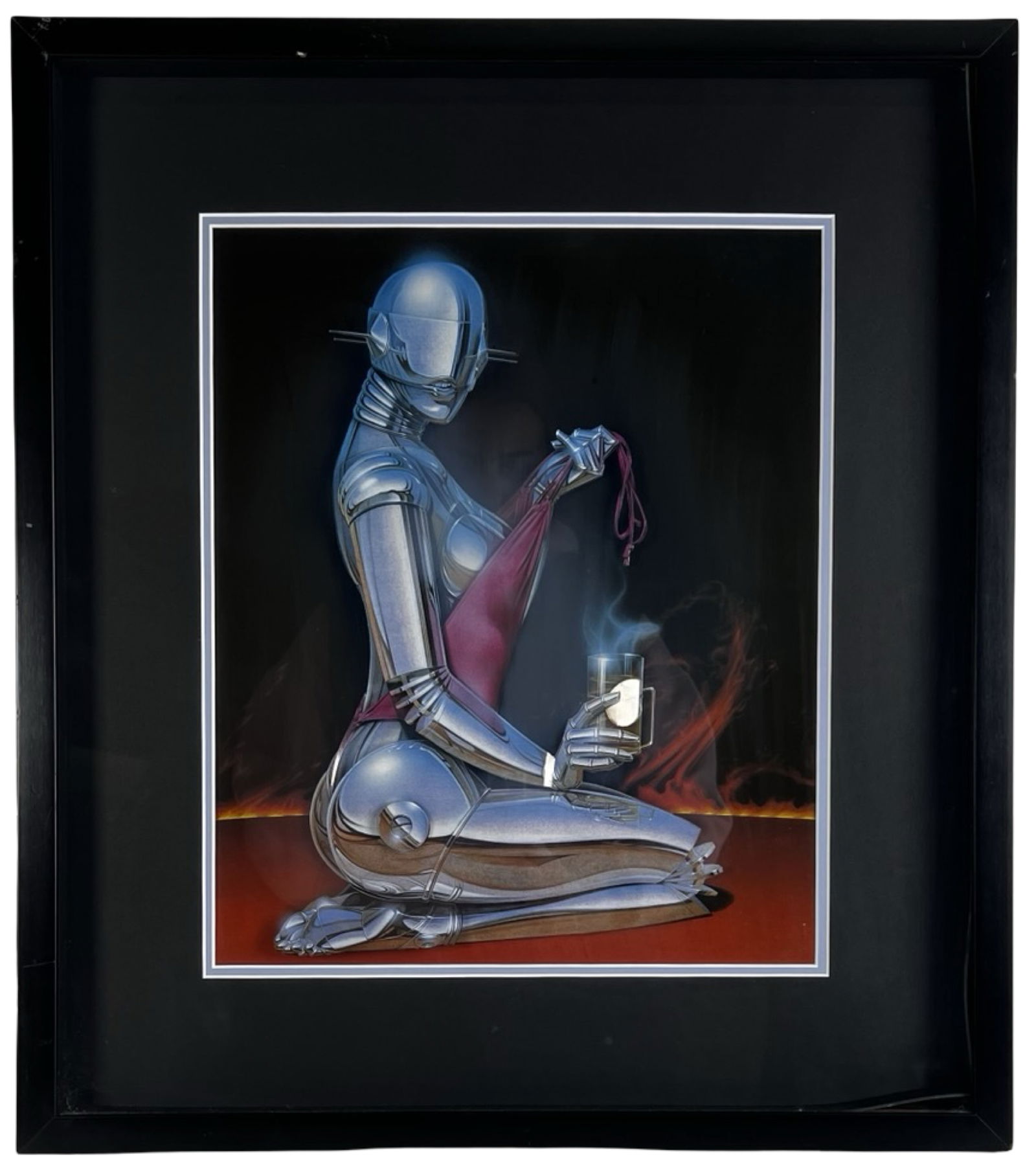 Hajime Sorayama Sexy Robot 3D Decoupage Art Print: Striking futuristic composition featuring Sorayama's iconic Sexy Robot, rendered in polished chrome tones against a dramatic dark background with flames. The robotic female figure is shown holding a