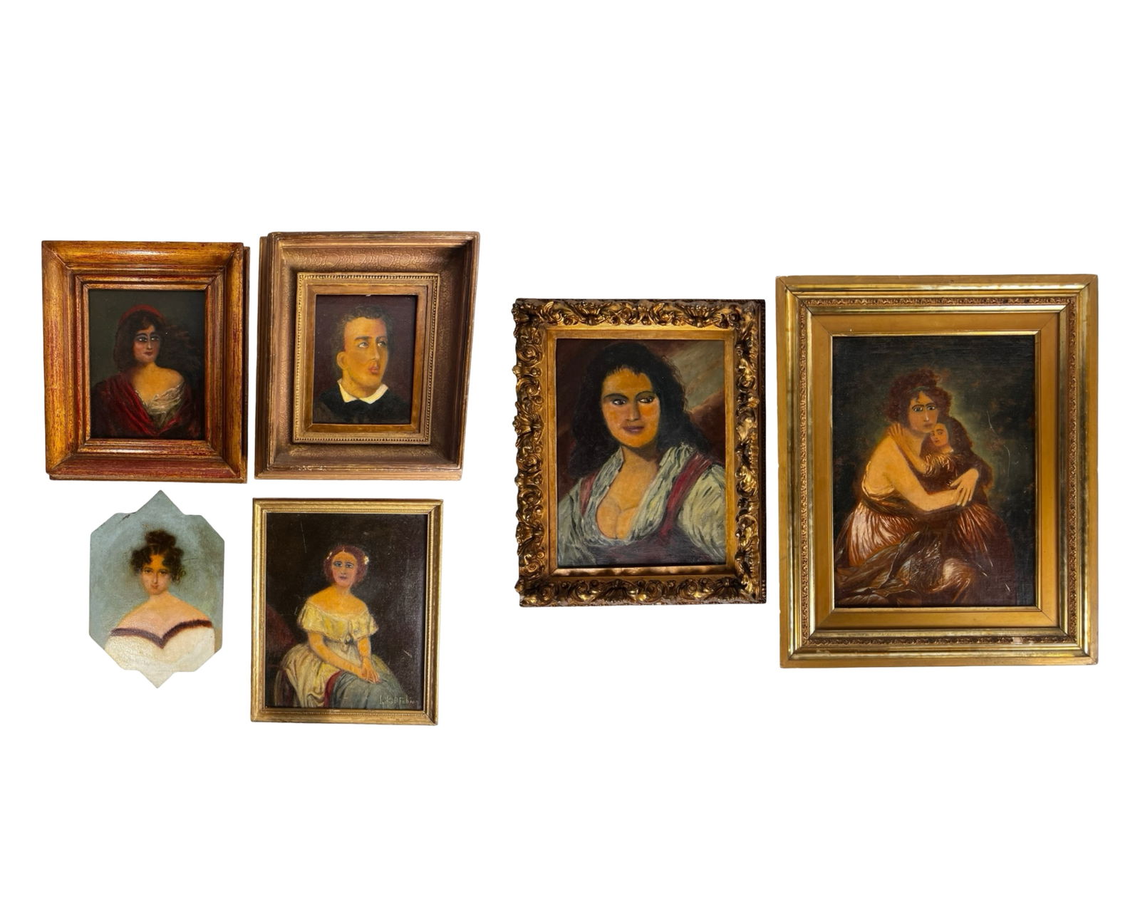 Antique & Vintage Portrait Oil Paintings: Collection of antique and vintage portrait oil paintings depicting various figure subjects including women, a male portrait, a seated young lady, and a tender mother-and-child composition. The works