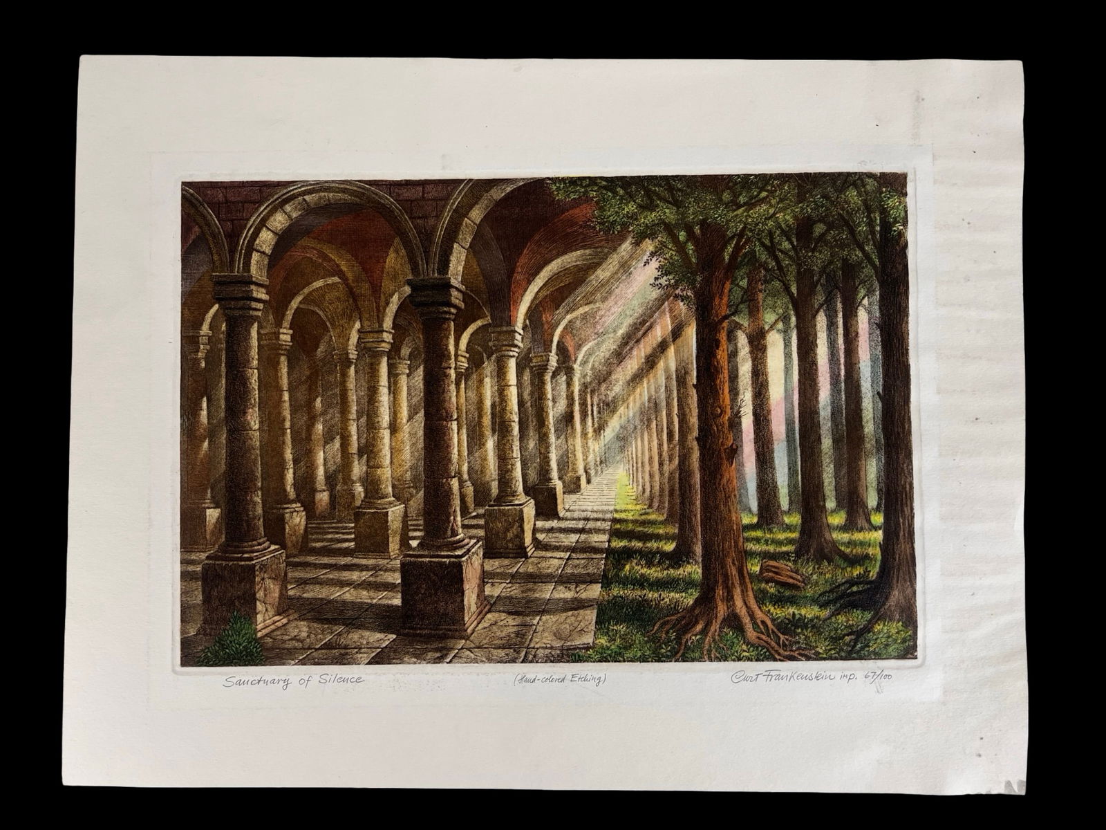 Curt Frankenstein Sanctuary of Silence LE Etching: Atmospheric architectural landscape titled "Sanctuary of Silence" by Curt Frankenstein, depicting a dramatic colonnaded arcade with sunlight streaming through the arches and a quiet forest beyond.
