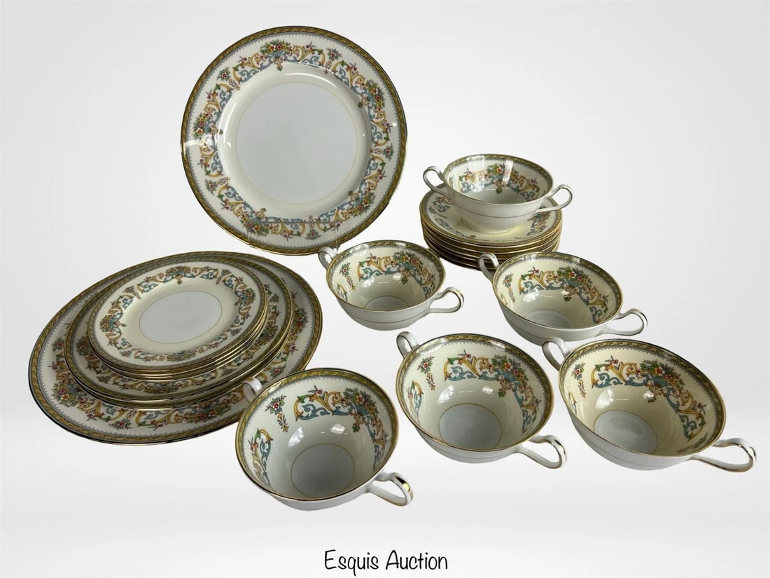 Aynsley "Henley" Bone China Service Set: Refined Aynsley "Henley" pattern bone china dinnerware set, featuring an ornate border of scrolling flourishes, floral bouquets, and gold accents on ivory ground. Made in England, this elegant