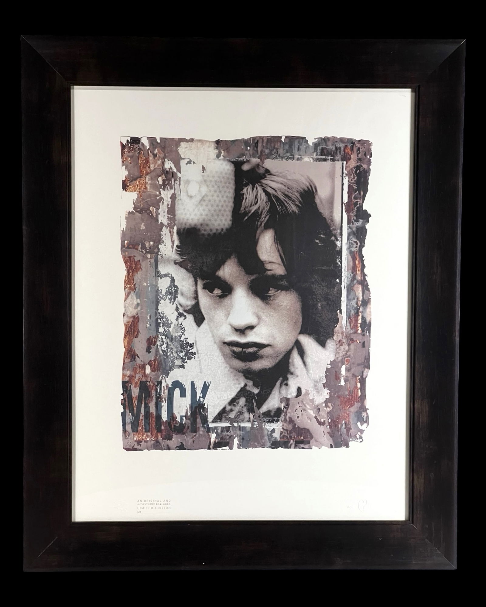 Mick Jagger Ink Ikon LE Print- Hard Rock Hotel: Limited edition silkscreen print titled "Mick with Mike," featuring Mick Jagger of The Rolling Stones, photographed by celebrated rock photographer Gered Mankowitz. The striking composition presents a