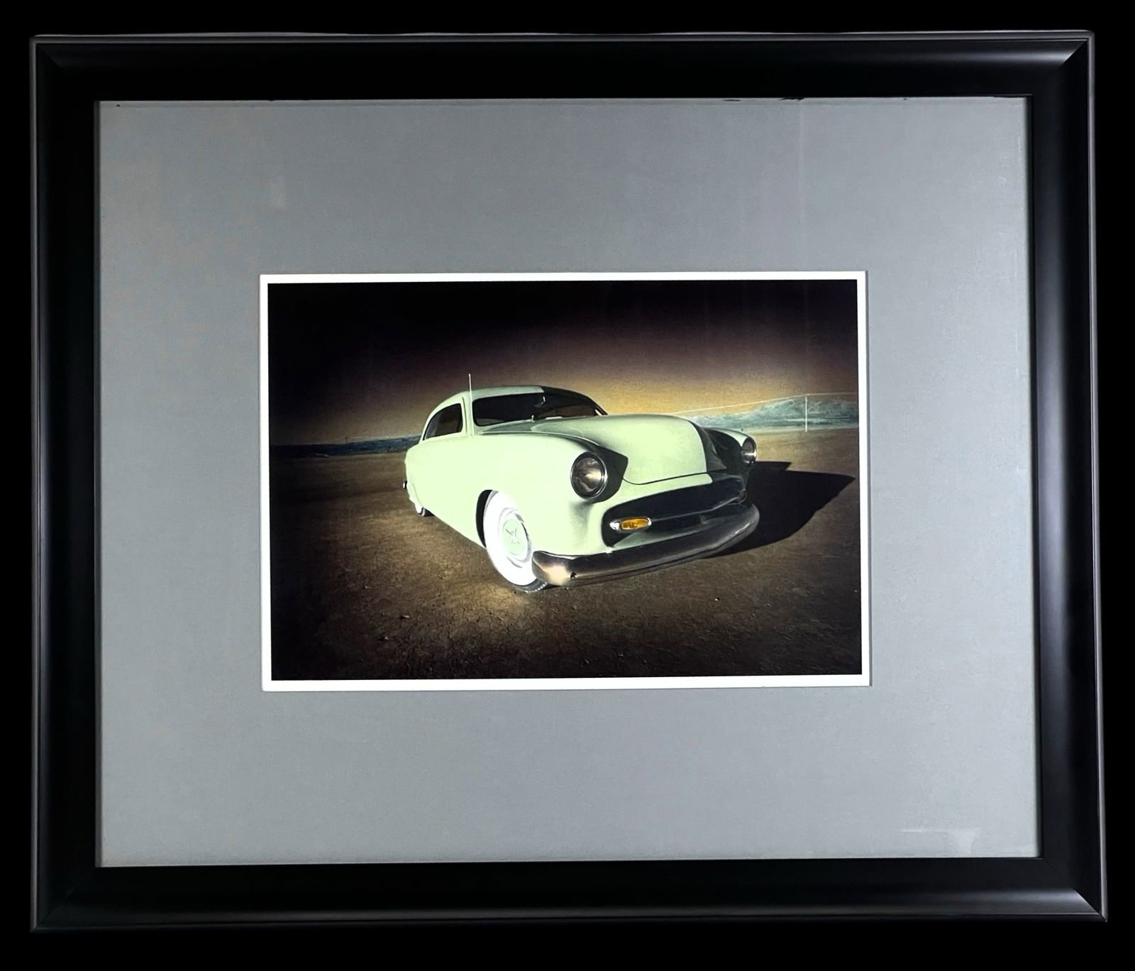 Rock 'N' Roll 1950 Shoebox Ford Photo - Hard Rock: Atmospheric color photograph depicting a customized 1950 "Shoebox" Ford, one of the most iconic American automobile designs of the early postwar era. The car is presented in a dramatic desert setting