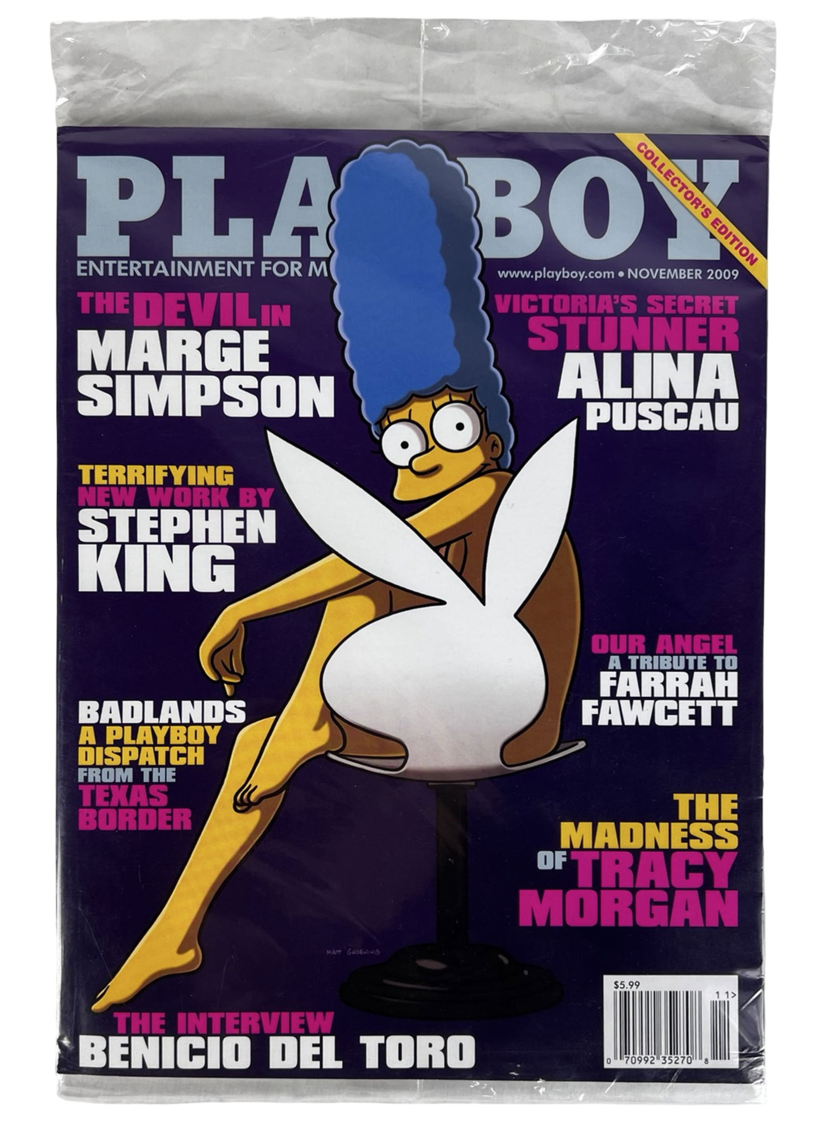 Playboy - Marge Simpson 2009 Collector's Edition: Highly collectible Playboy magazine, November 2009 issue, featuring the iconic and controversial cover with The Simpsons' Marge Simpson, illustrated in a classic parody pose. This special edition incl