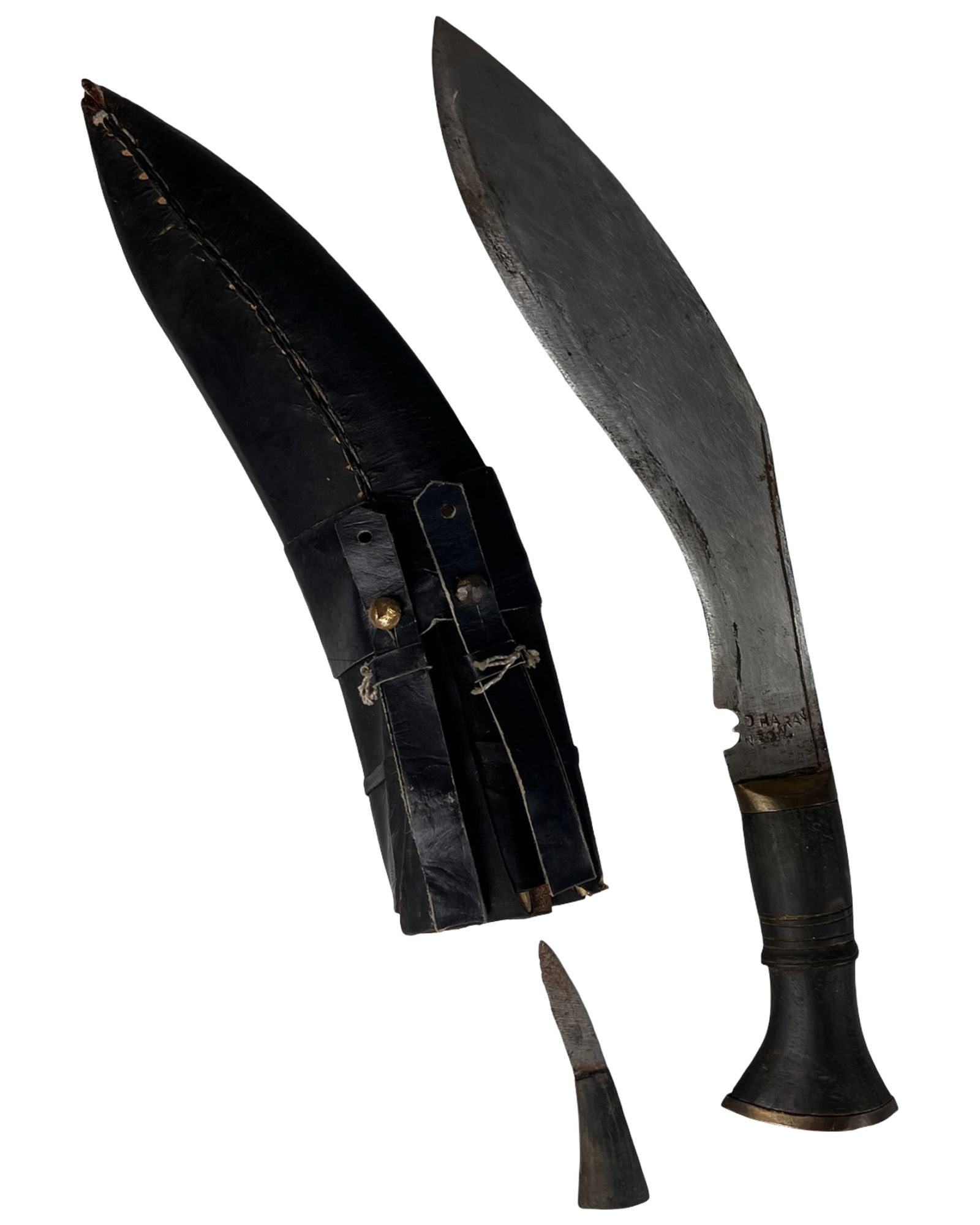 Antique Nepalese Kukri Knife with Scabbard: Traditional Nepalese kukri knife featuring the classic inward-curving blade form associated with Gurkha knives. The blade bears a maker's mark reading "Dharan Nepal," and includes the characteristic