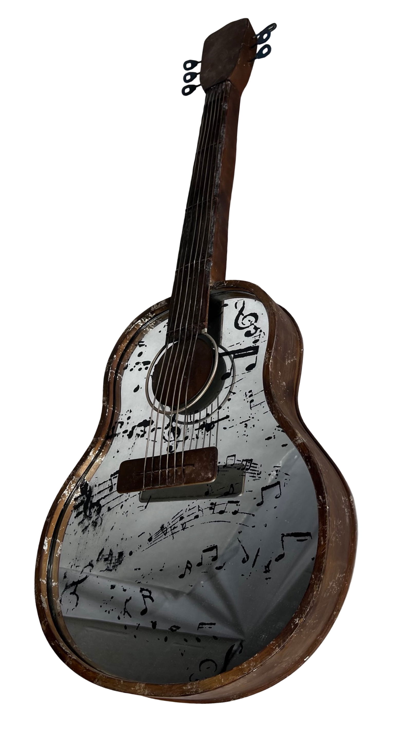 Metal Guitar Wall Sculpture with Musical Notes: Decorative metal wall sculpture designed in the shape of an acoustic guitar, featuring a reflective metal body accented with black musical notes and staff motifs. The piece has a rustic distressed