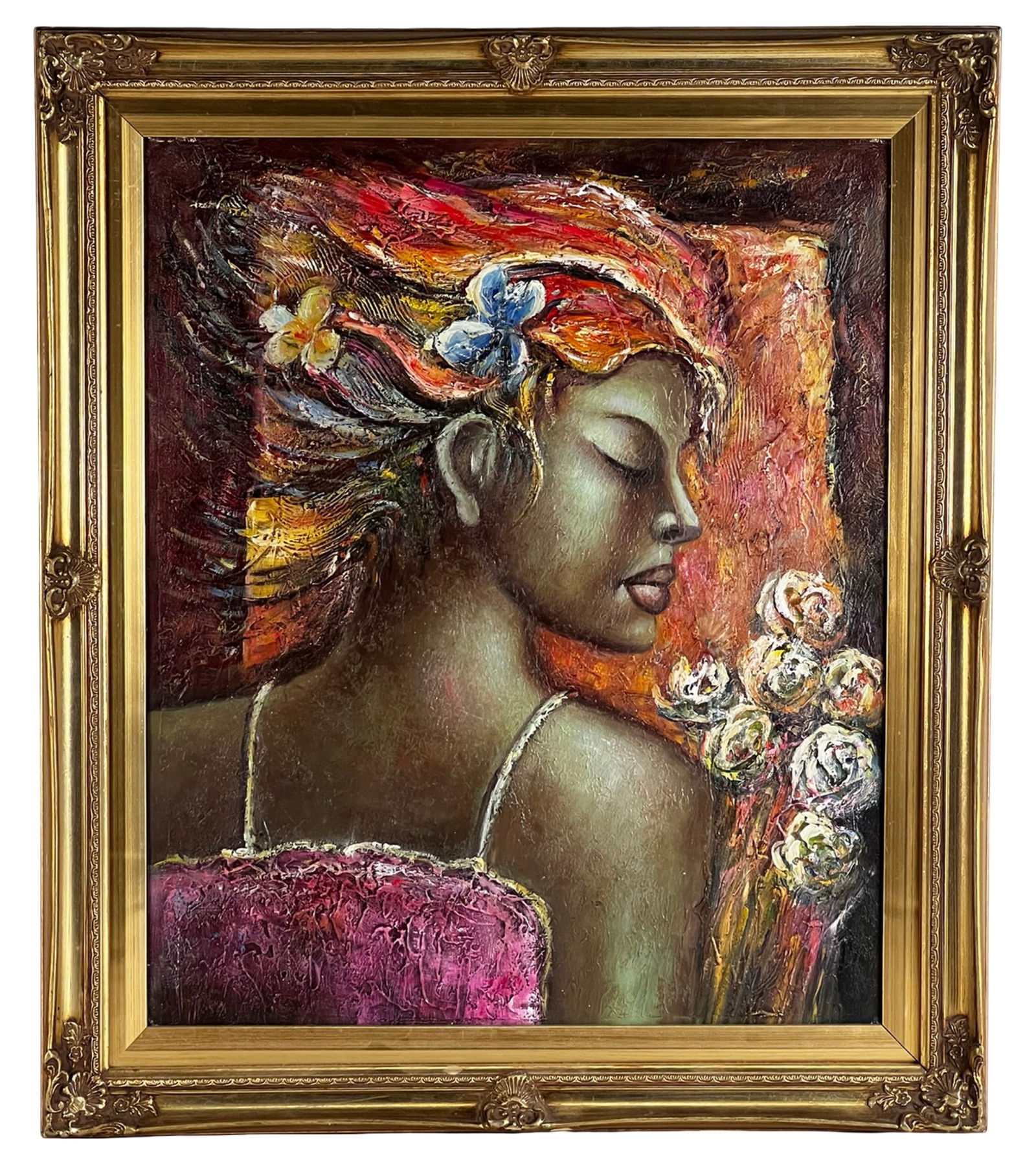 Expressionist Woman with Flowers Portrait Painting: Expressive oil painting depicting a stylized portrait of a woman in profile, adorned with a colorful headpiece and surrounded by floral elements. The composition features bold brushwork and thick impa