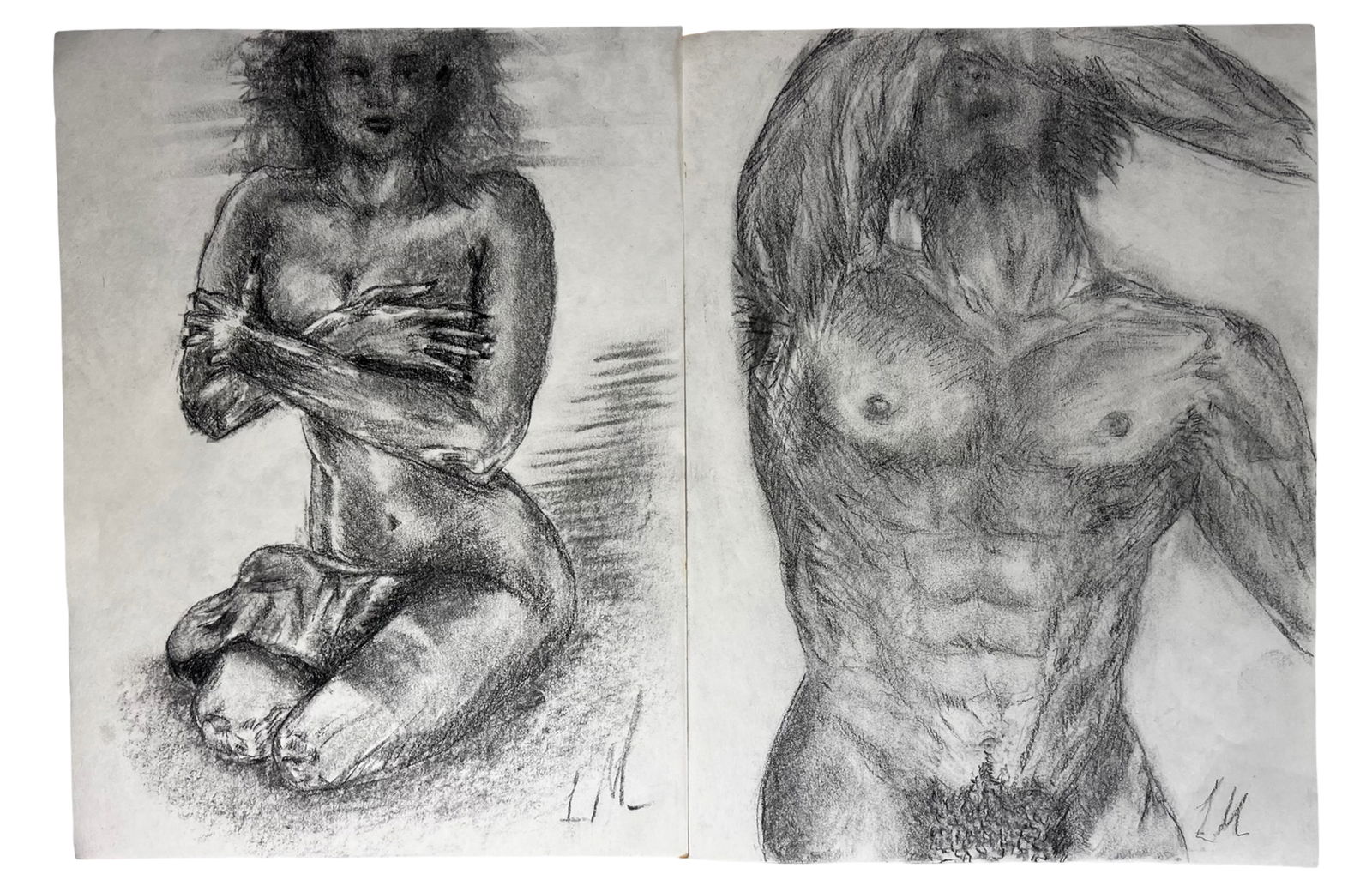 Female & Male Nude & Sensual Study Drawings by IM.: Pair of expressive figurative drawings depicting male and female nude studies executed in charcoal on paper. The works focus on the human form, emphasizing musculature, contour, and shading through