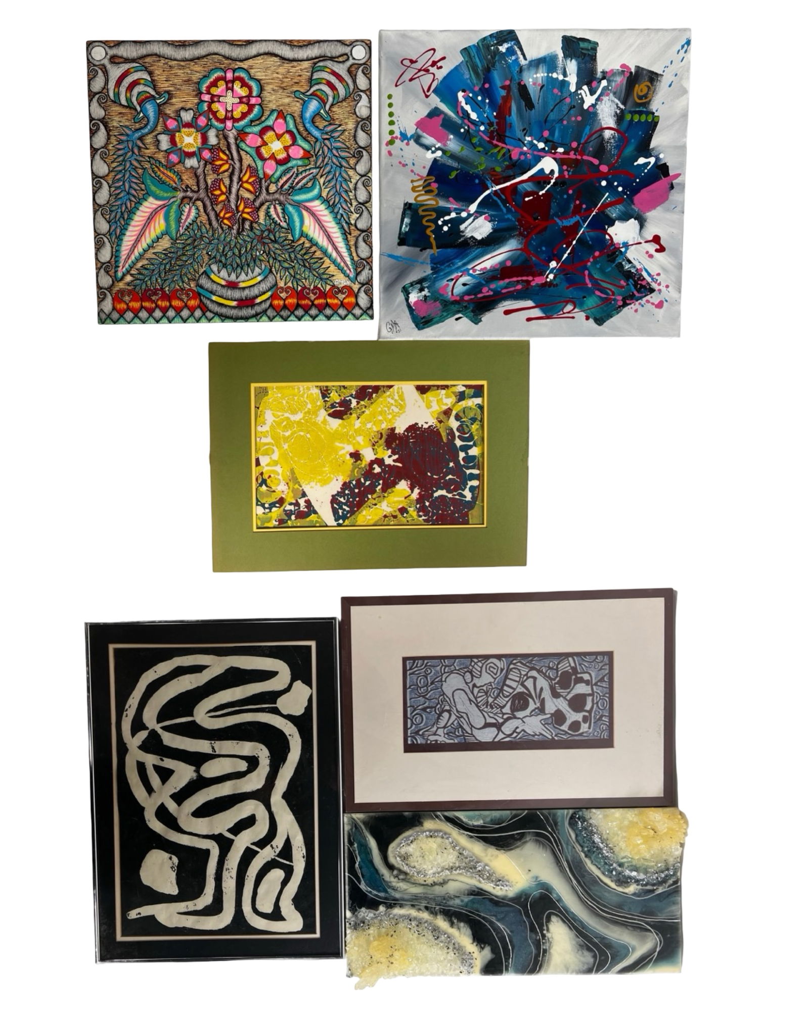 Group of Contemporary Wall Art - Abstract: Assorted group of contemporary wall art including abstract paintings, framed prints, and mixed media works. The lot features a colorful folk-style floral composition signed Aman, a dynamic abstract