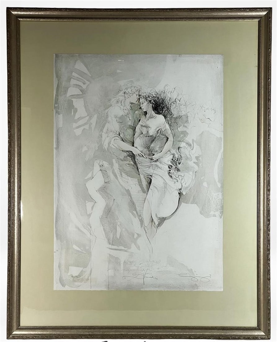Jurgen Gorg - Serenade Limited Edition Lithograph: A delicate and evocative limited edition lithograph by contemporary German artist Jurgen Gorg, titled Serenade. Rendered in his signature ethereal monochrome palette, the composition features a