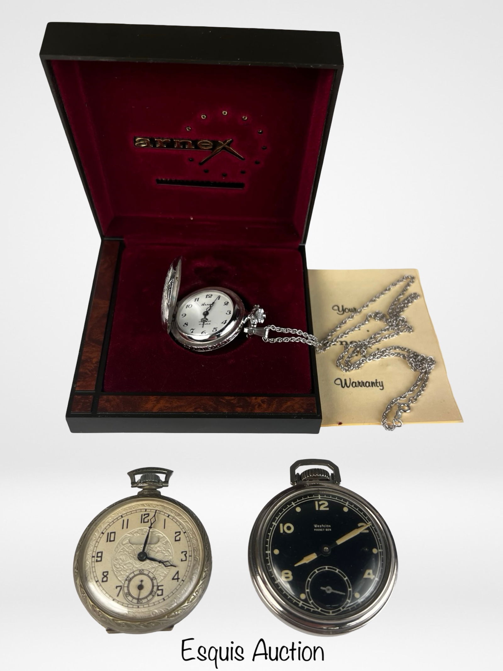 Group of Vintage & Antique Pocket Watches: Group of Vintage Pocket Watches including new Arnex Pocket Watch with Sterling Silver Chain, Vintage Westclox Pocket Watch and Antique Elsmere Watch Co Pocket Watch. Arnex and Westclox are in good