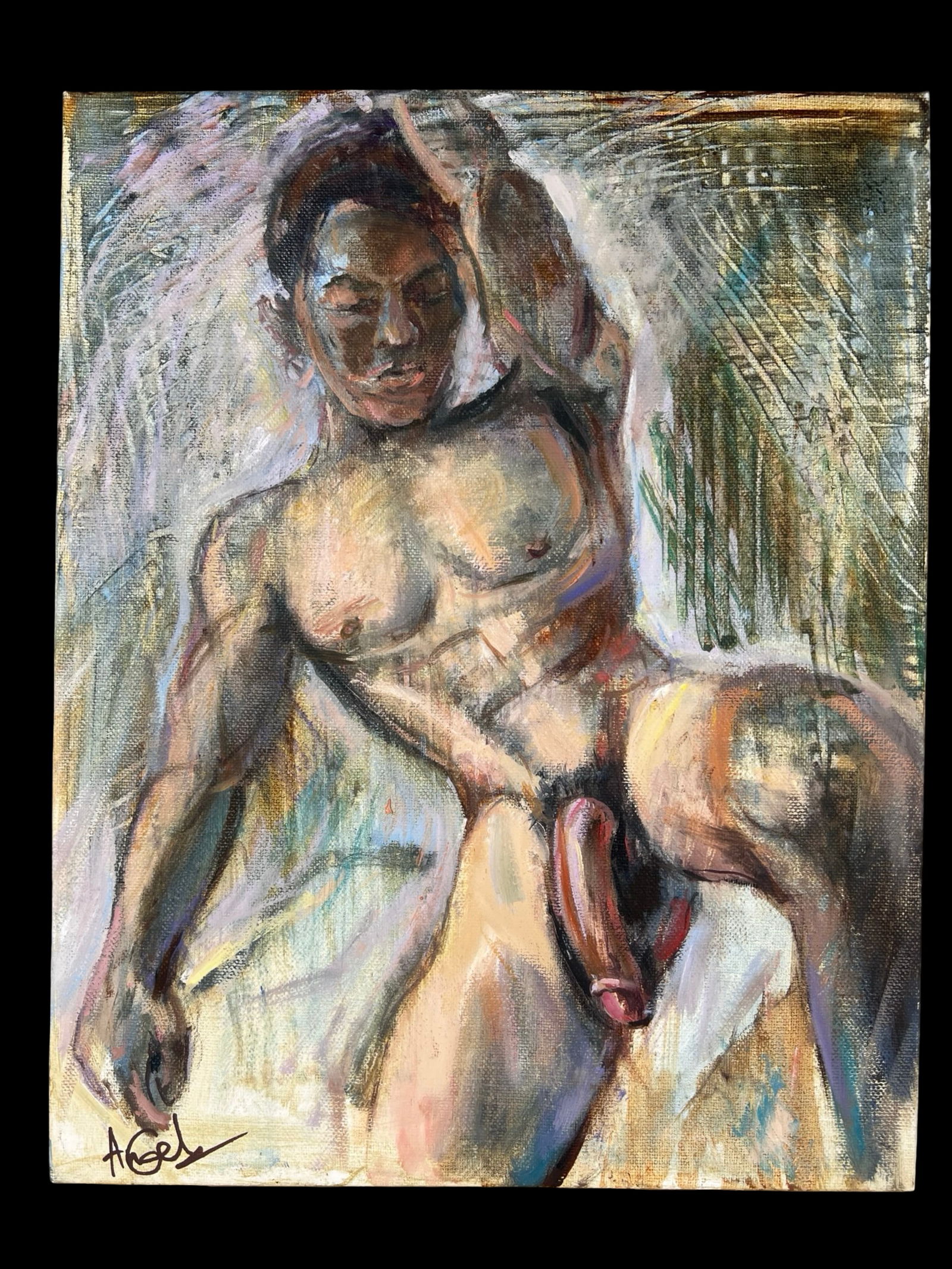 Oksana Grineva Erotic Male Nude Oil Painting: Expressive oil painting on canvas by Oksana Grineva depicting a sensual male nude rendered in a dynamic, painterly style. The composition captures a reclining male figure in a relaxed yet powerful