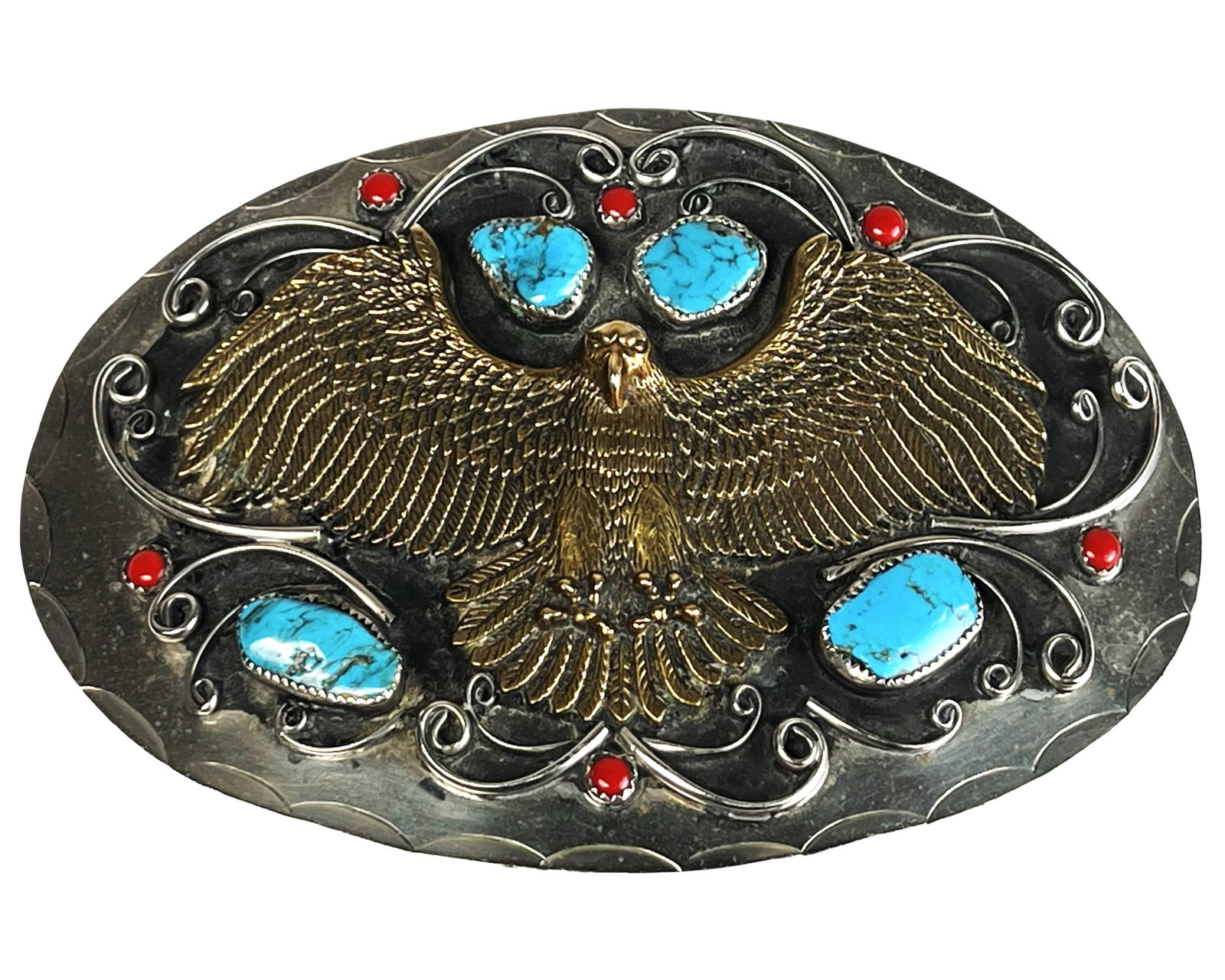 XL Sterling Silver Bronze Thunderbird Belt Buckle: Impressive Southwestern-style belt buckle crafted in sterling silver with a sculptural bronze thunderbird centerpiece. The dramatic design features outstretched wings framed by ornate silver