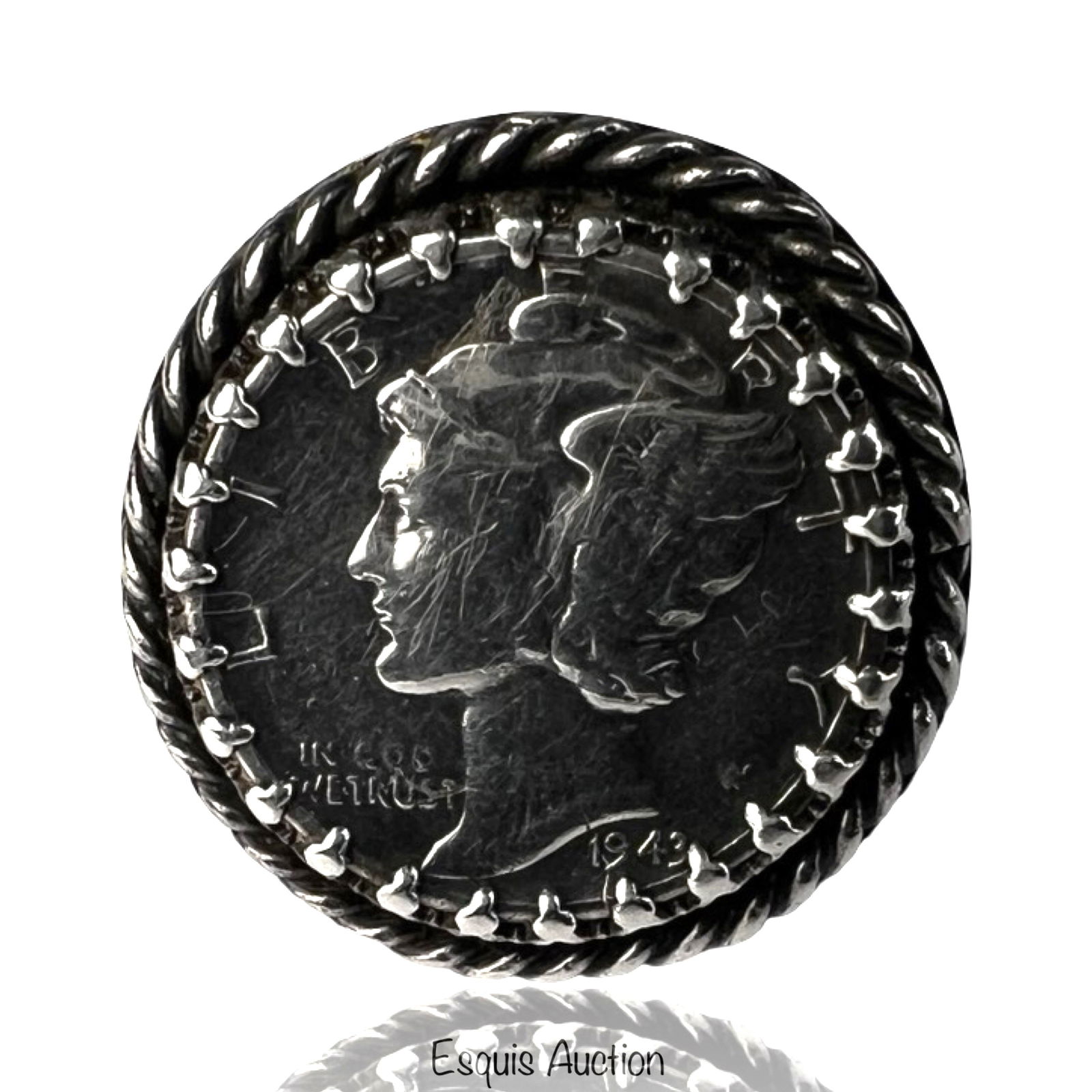 Sterling Silver Mercury Dime Coin Ring: Sterling silver ring crafted from a genuine 1943 Mercury Dime (Winged Liberty Head dime). The coin face featuring Liberty wearing a winged cap remains clearly visible and is framed by a decorative