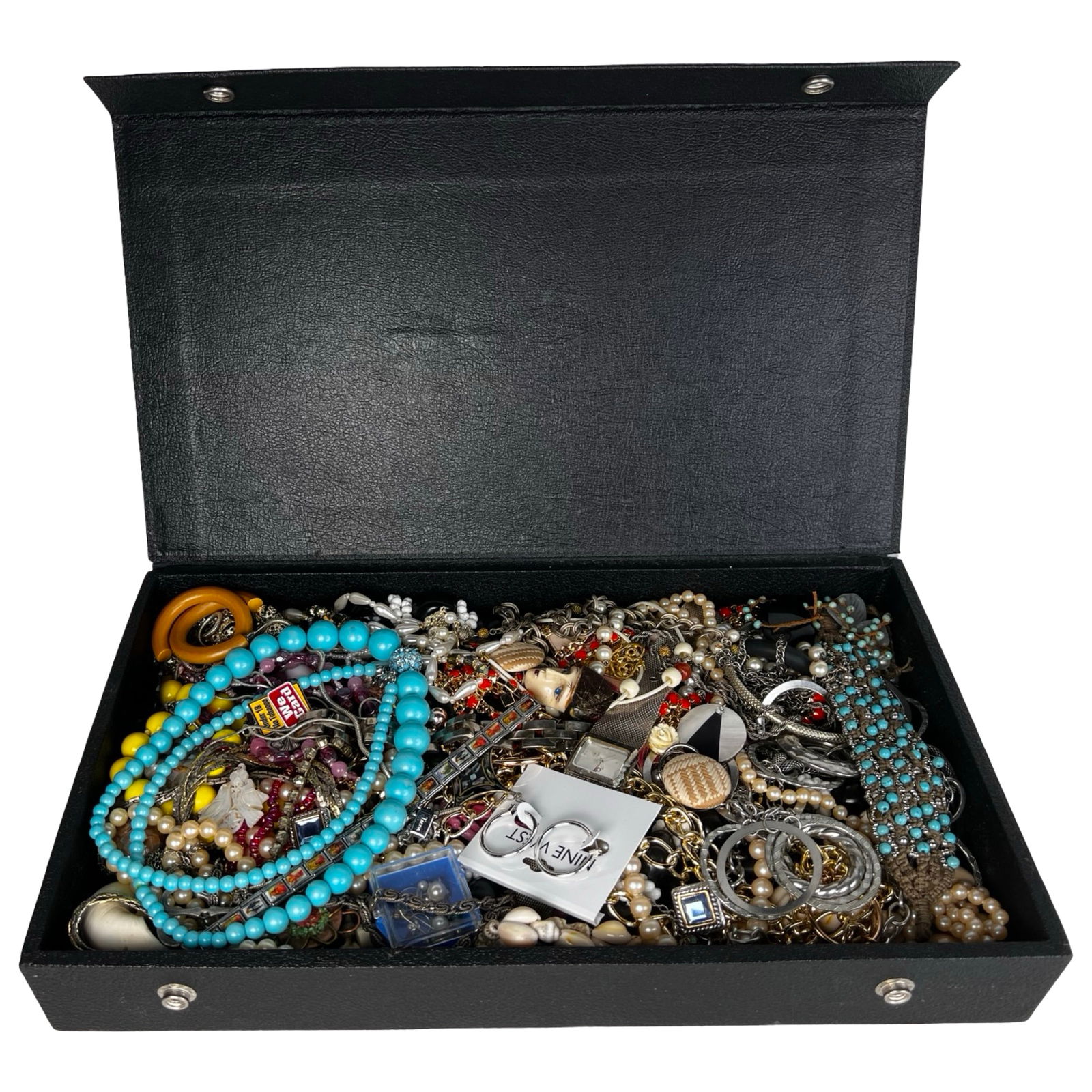 Box filled with Vintage Unsearched Costume Jewelry: Open the box to reveal a trove of vintage, unsearched costume and craft jewelry brimming with character and possibility. This assorted collection features a lively mix of colors, materials, and