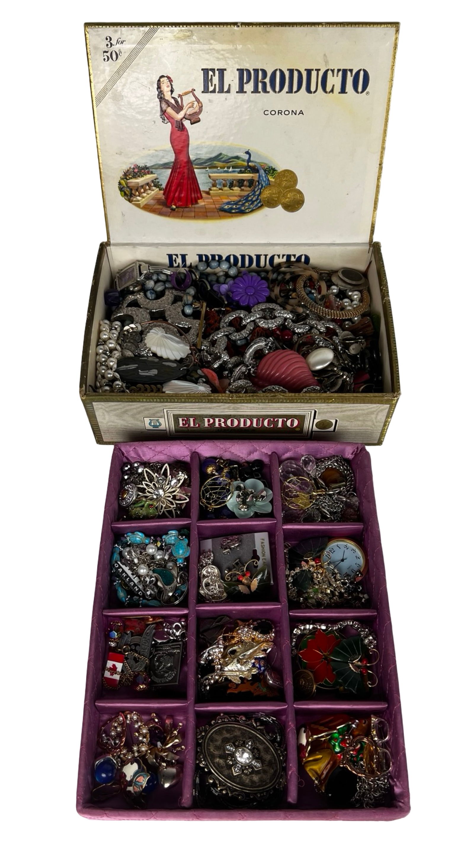 Assortment of Unsearched Costume & Craft Jewelry: Large mixed assortment of unsearched costume and craft jewelry including brooches, necklaces, bracelets, pendants, charms, and assorted decorative pieces. The group features a wide variety of