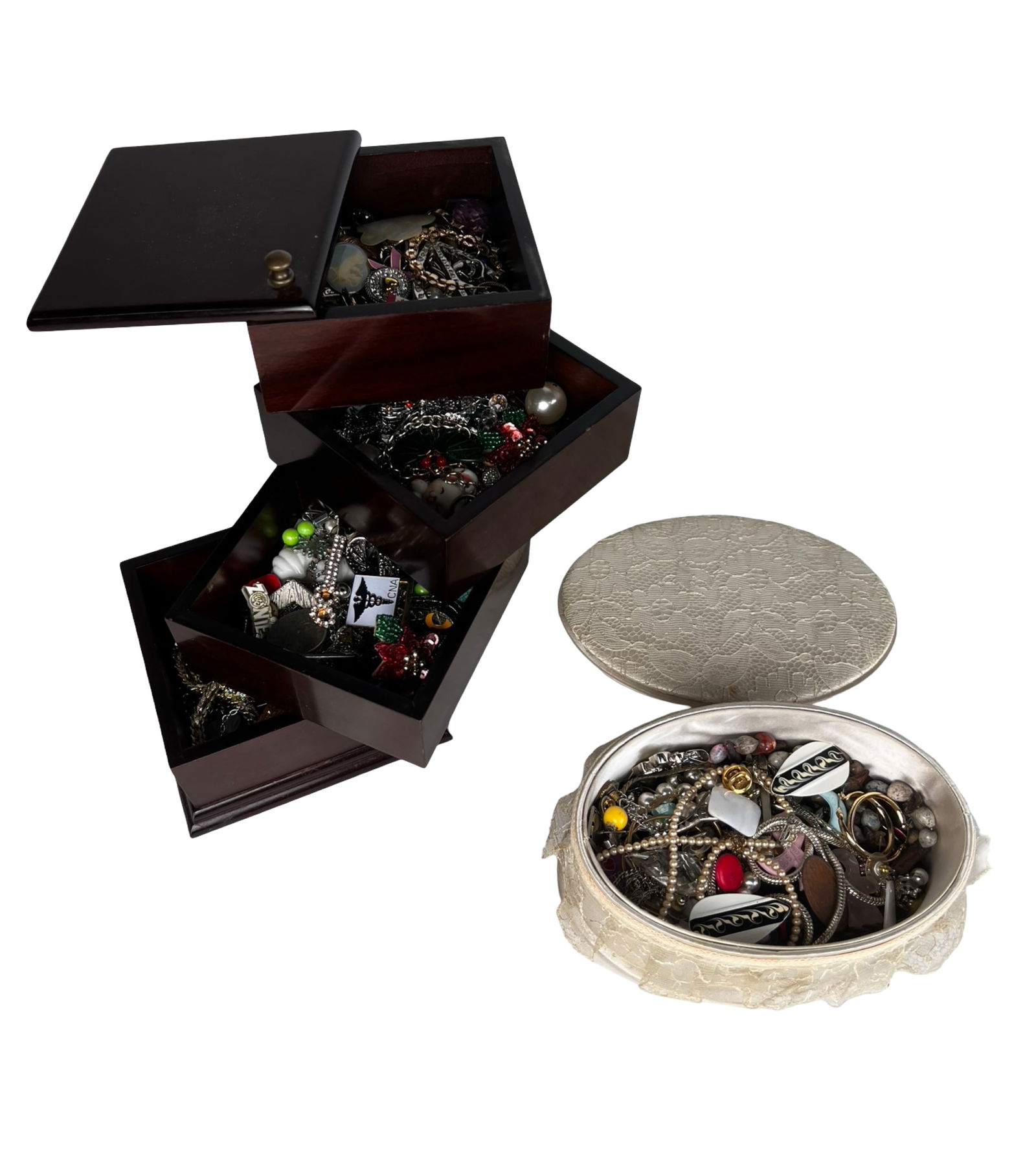 2 Vintage Boxes full of Unsearched Costume Jewelry: Explore a trove of hidden treasures with these two jewelry boxes filled with unsearched costume jewelry. Each box offers a mix of styles, eras, and materials, with pieces ranging from bold statement