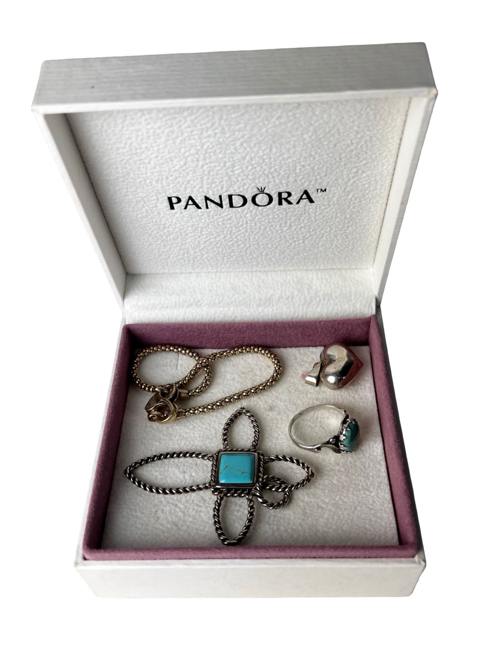 Sterling Silver Jewelry Lot - Pandora Bracelet, Na: Appealing group of sterling silver jewelry including a Pandora bracelet presented in its original Pandora box, along with a selection of pendants and a turquoise ring. Ring Size 5.5