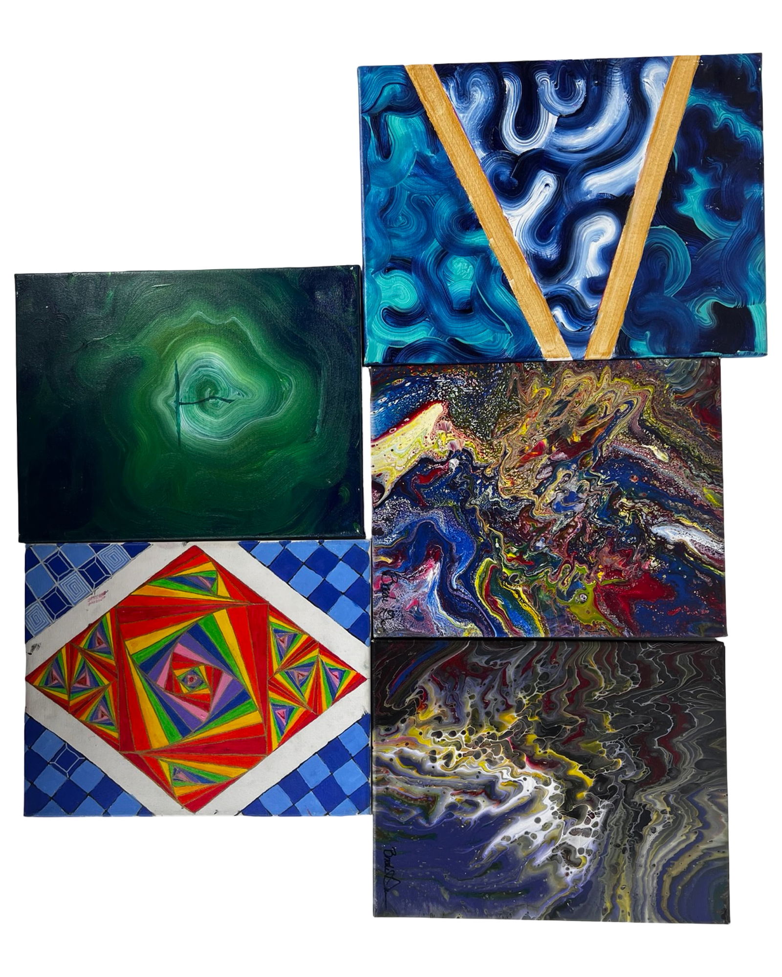Group of Modernist Abstract Acrylic Paintings: Collection of contemporary modernist abstract artworks featuring bold color palettes, geometric compositions, and expressive fluid-paint techniques. The group includes a variety of styles ranging