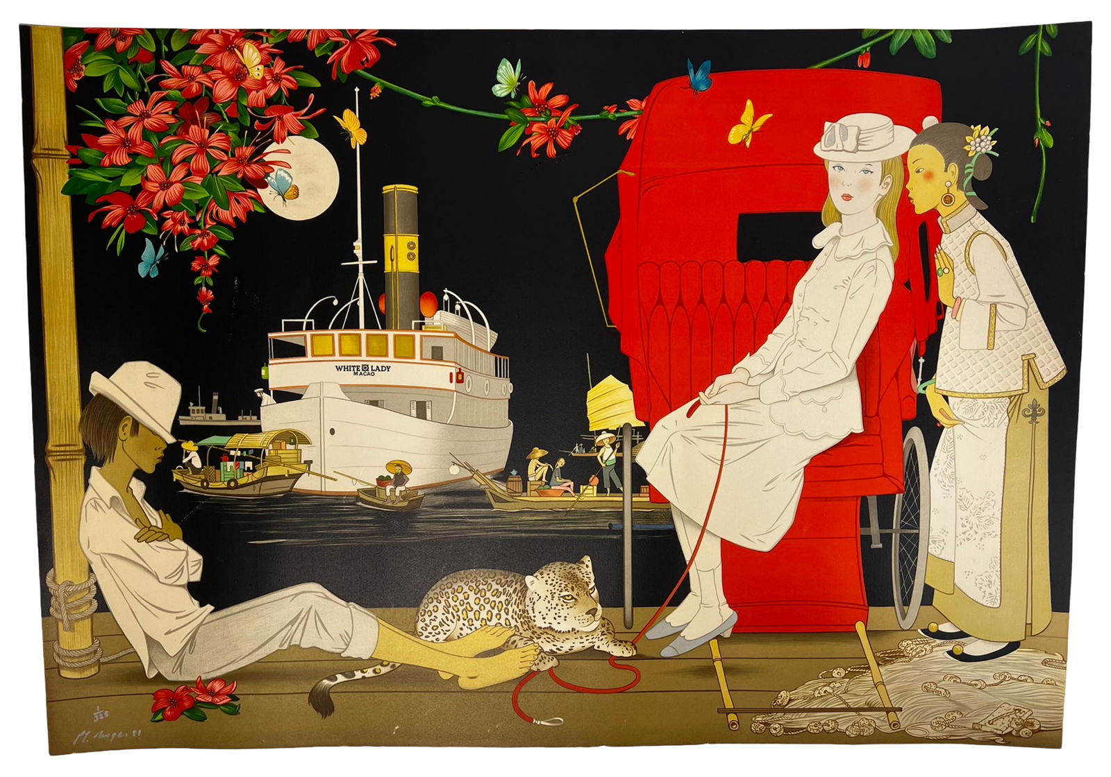 Philippe Henri Noyer LE Signed Serigraph: Limited edition serigraph titled "White Lady" by French artist Philippe Henri Noyer, signed and numbered by the artist in the lower margin. The composition presents a stylized narrative scene set alon