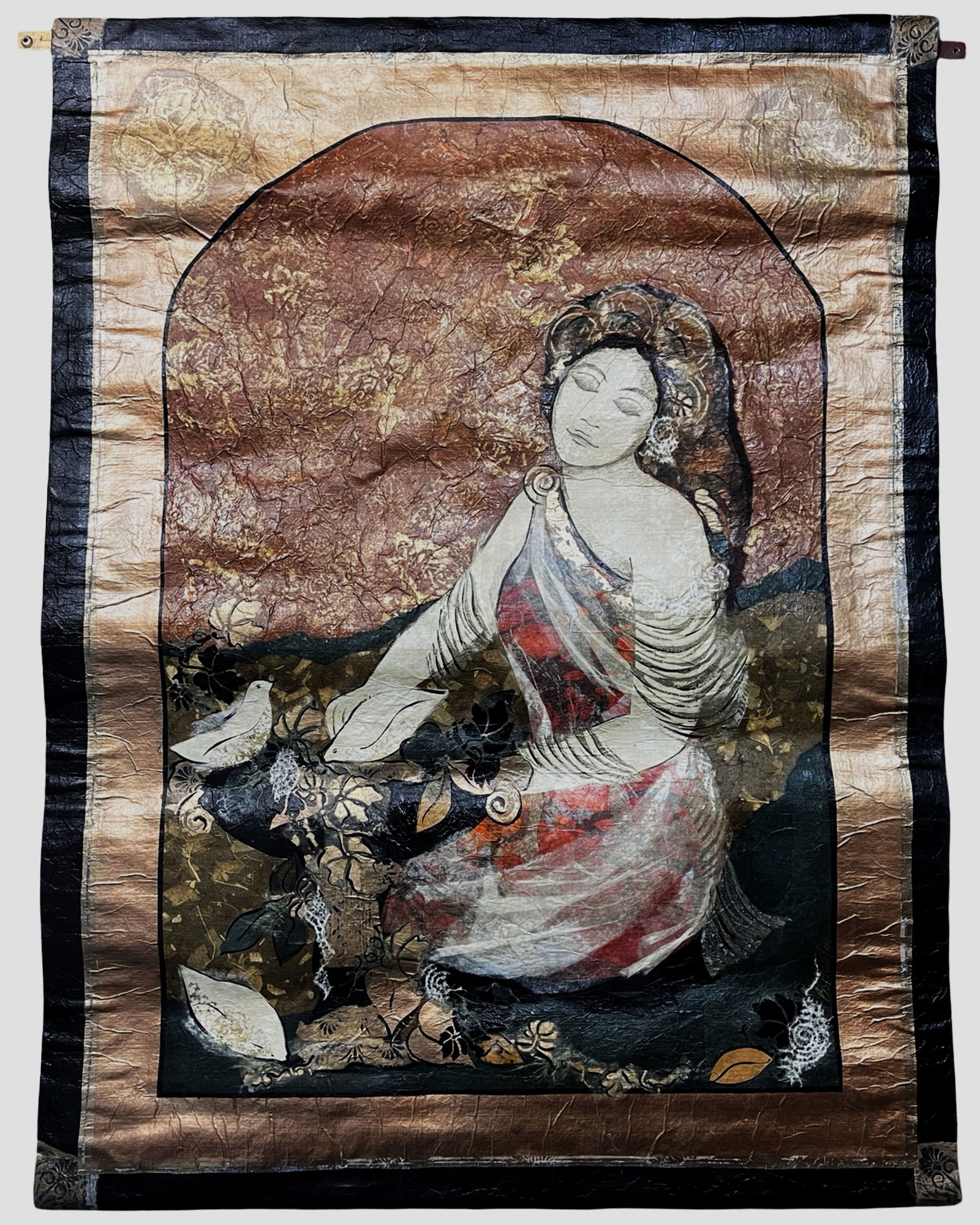 Art Nouveau Style Figural Scroll Painting: Decorative scroll painting featuring a graceful Art Nouveau-style female figure seated within an arched composition. The elegant figure, with softly stylized facial features and flowing drapery,