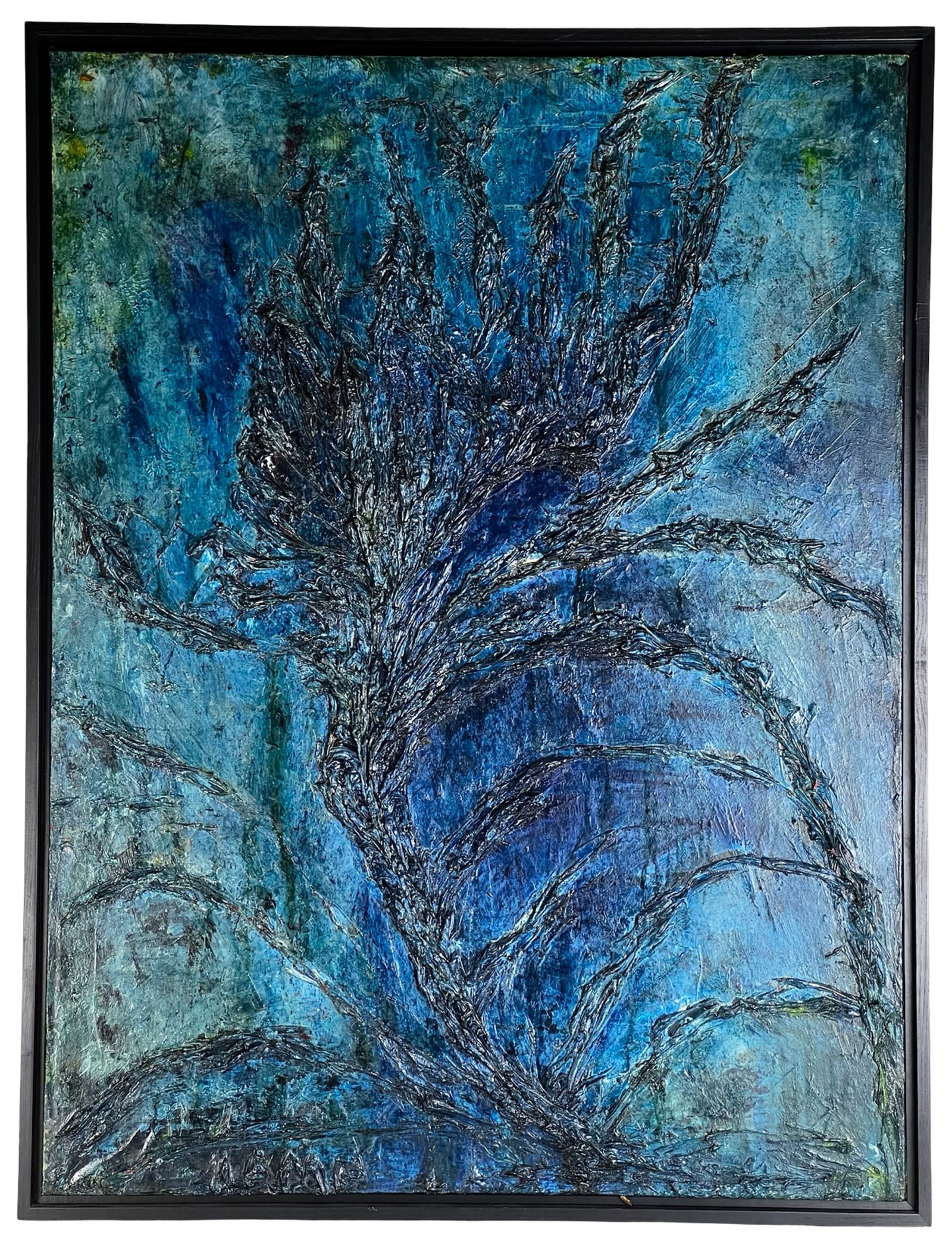 Matt Lamb Textured Abstract Expressionist Painting: Textured abstract composition executed in mixed media on canvas, featuring a dramatic organic form rendered in layered shades of deep blue, teal, and dark tonal accents. The work is built with heavy