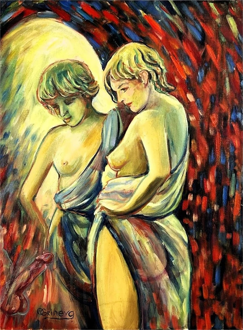 Oksana Grineva Original Erotic Figurative Painting: Striking and unapologetically sensual, this original oil painting by contemporary artist Oksana Grineva captures a moment of intimacy and introspection between two partially draped figures rendered