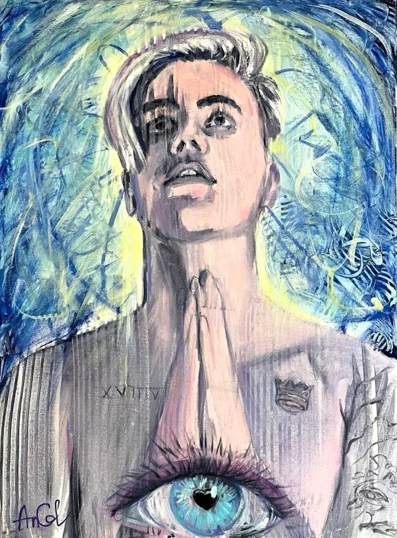 Oksana Grineva Pop Surrealist Sexy Oil Painting: A captivating original oil painting on canvas by contemporary artist Oksana Grineva, titled "Blue Hope". Signed lower left and titled on the verso, this striking work features a stylized figure