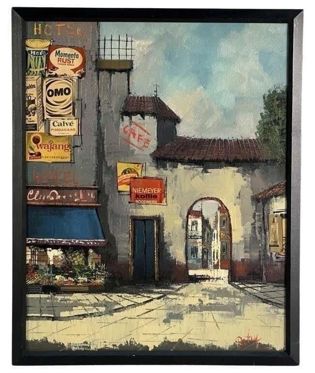 Pierre Patry Modernist Urban Cityscape Painting: Modernist oil painting on canvas by Canadian artist Pierre Patry depicting a lively European-style city street filled with storefronts, vintage advertising signs, and charming architectural details.