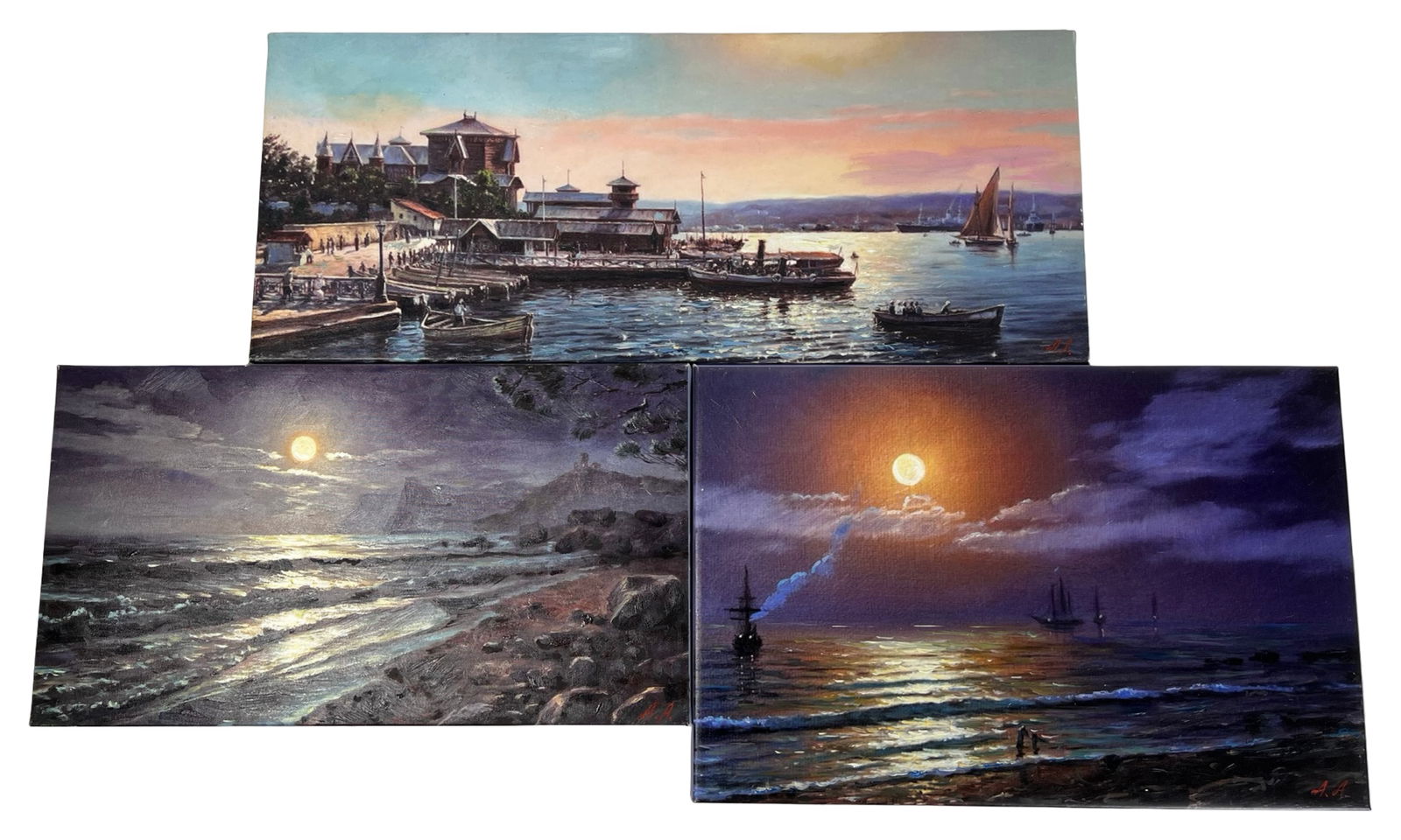 lexandr Aganin Nautical Seascape Canvas Giclee Art: Group of three nautical seascape maritime giclée art prints on canvas after works by Alexandr Aganin. The lot includes a harbor scene at sunset with boats and waterfront buildings, along with two