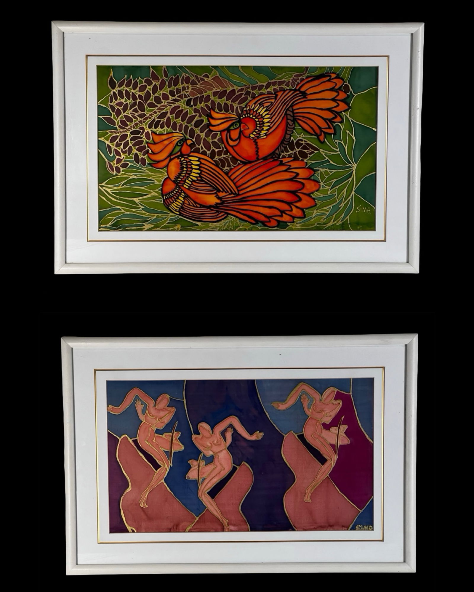 Mixed Media Paintings in Manner of Henri Matisse: Two colorful mixed media paintings signed "Sima," each presented in matching white frames. The works display bold outlines, vibrant color fields, and stylized forms typical of late 20th-century