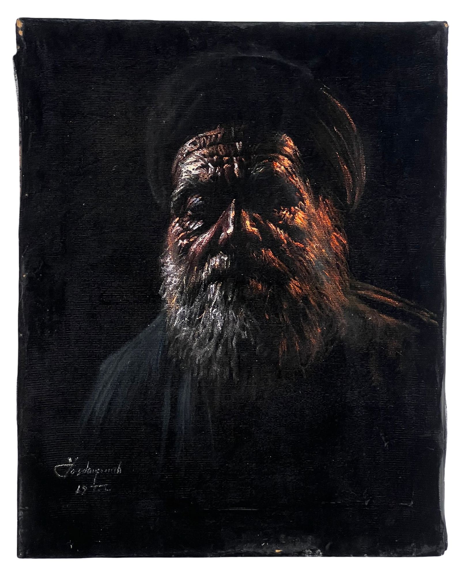 1970s Iranian Portrait of Bearded Man on Velvet: Striking portrait painting depicting an elderly bearded man rendered in dramatic lighting against a dark background. Executed in oil on velvet, the work reflects a style popular in Iran during the 196