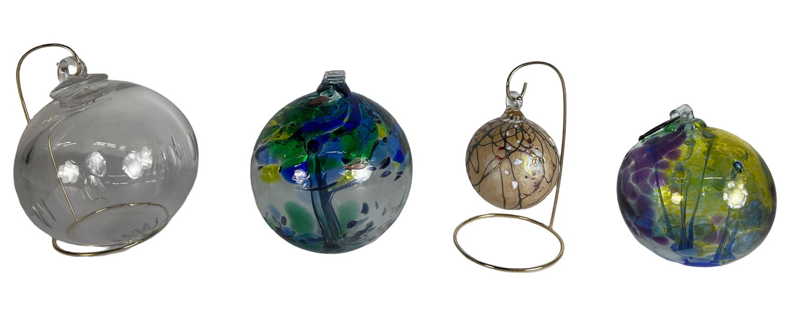 Art Glass Hand-Blown Witch Ball Ornaments - Kitras: Group of four hand-blown art glass witch ball ornaments featuring vibrant colors and decorative glasswork. The lot includes examples from the Kitras Art Glass Tree of Enchantment collection, a Kitras