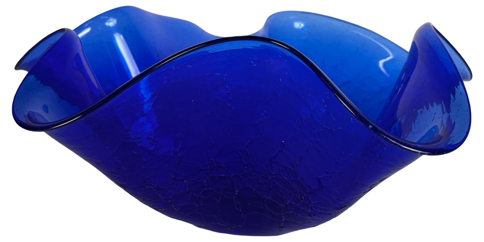Peter Greenwood Cobalt Blue Hand-Blown Glass Bowl: Striking hand-blown cobalt blue art glass centerpiece bowl by Peter Greenwood, featuring a dramatic organic form with flowing, undulating edges. The vessel displays a rich saturated cobalt tone and a