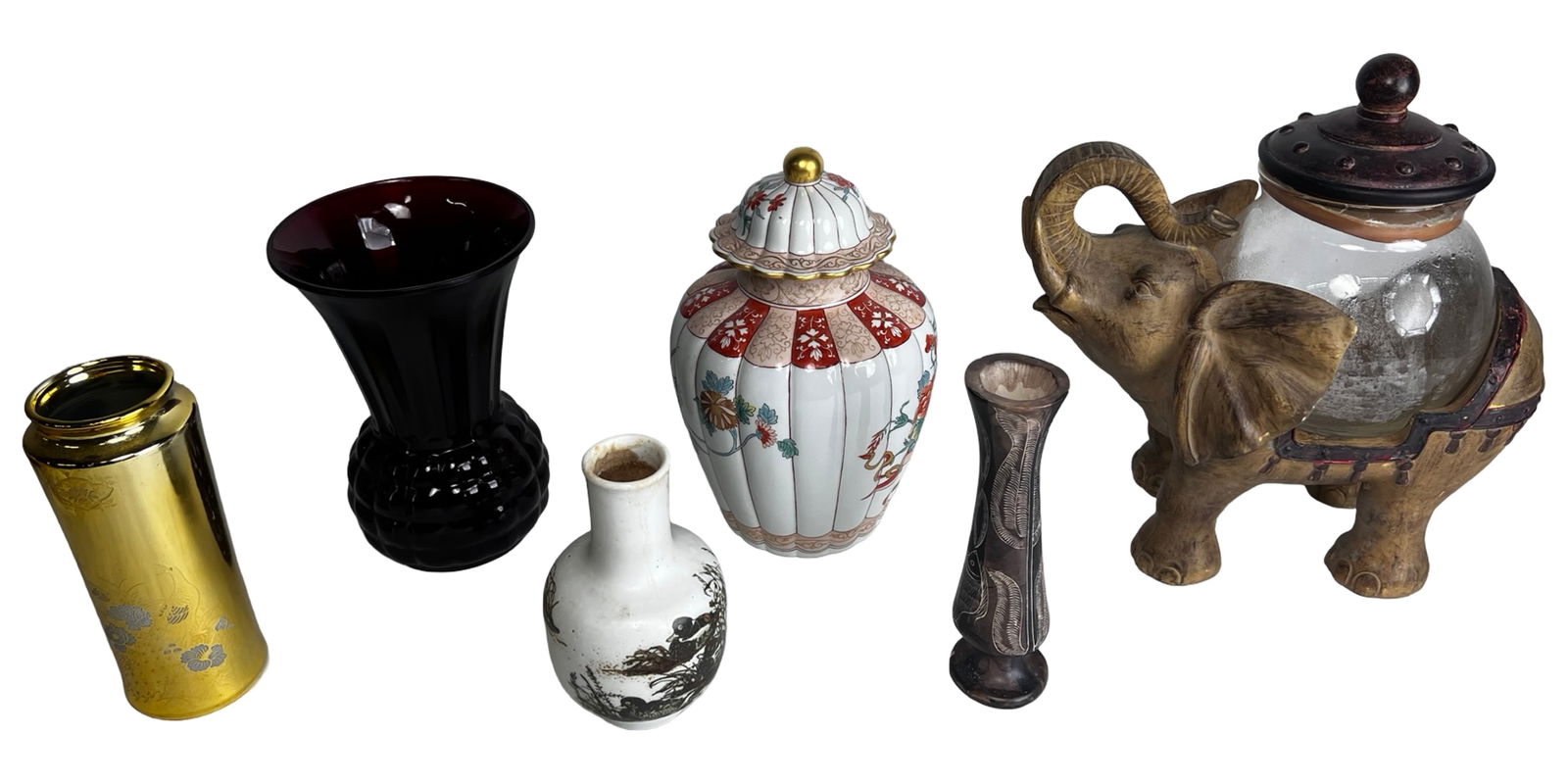 Decorative Vase & Art Glass Group- Elephant Jar: Assorted group of decorative vases and containers in mixed materials including glass, porcelain, and metal. The lot features a decorative elephant-form glass jar with lid, a Vista Alegre hand-painted