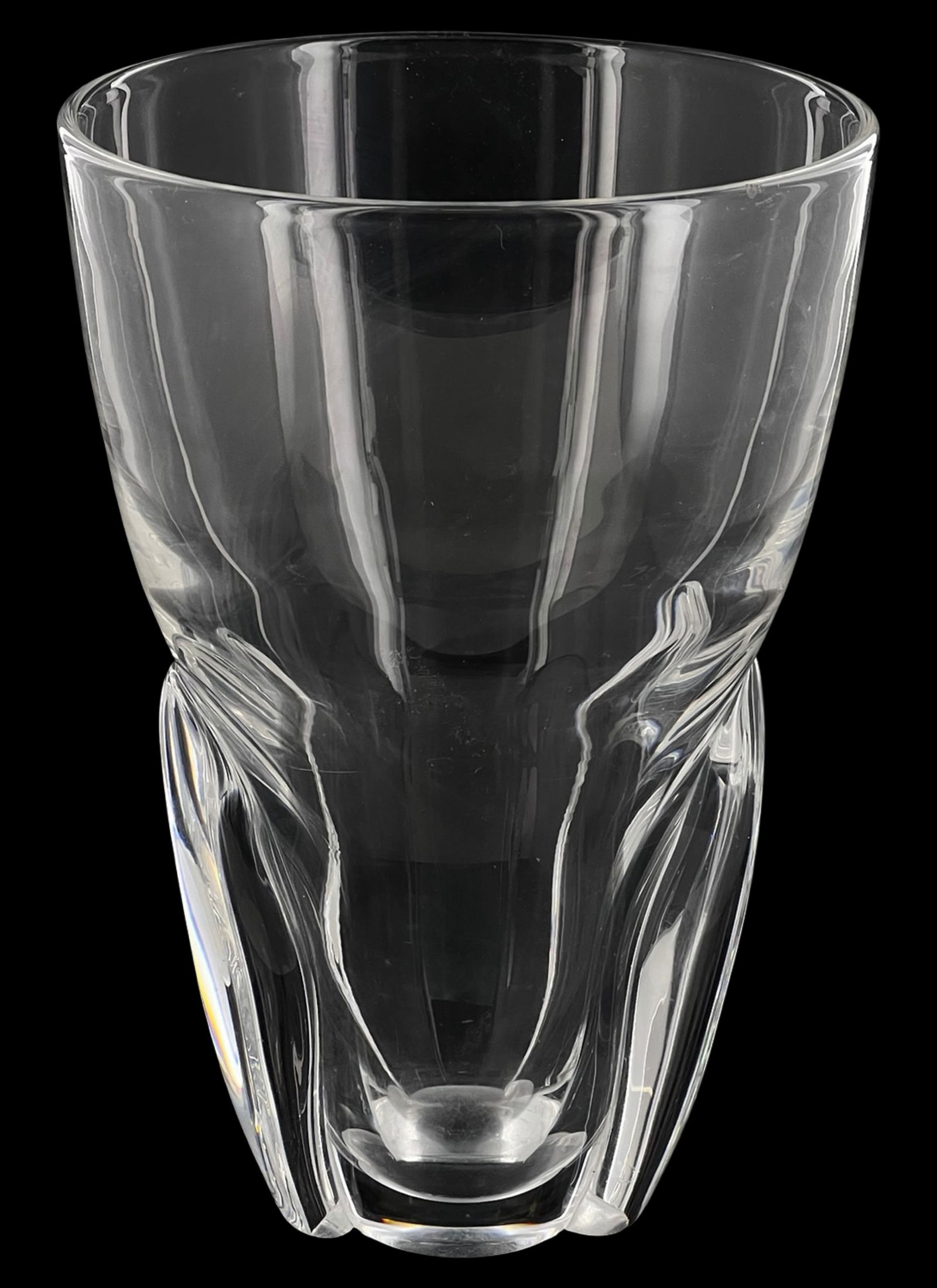 Steuben Art Glass Crystal "Spiral Optic" Vase: Elegant Steuben art crystal vase featuring a sculptural tapered form with deeply molded vertical optic ribs that twist gracefully toward the base. The thick, brilliantly clear crystal body showcases