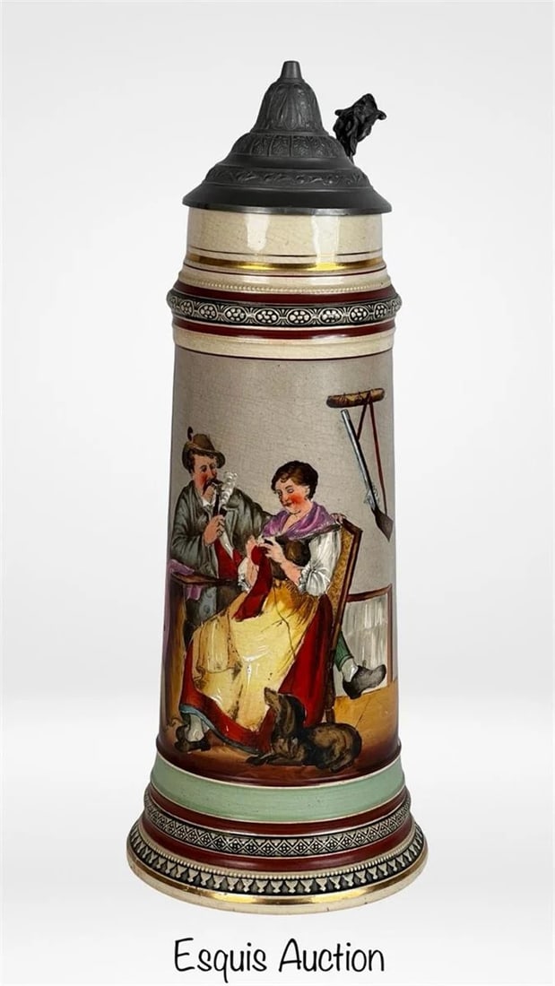 Antique Large 2L Hand-Painted German Beer Stein: Large antique 2-liter German beer stein featuring a hand-painted tavern scene with a man and woman seated indoors, a rifle mounted on the wall behind them, and a dog at their feet. Richly detailed