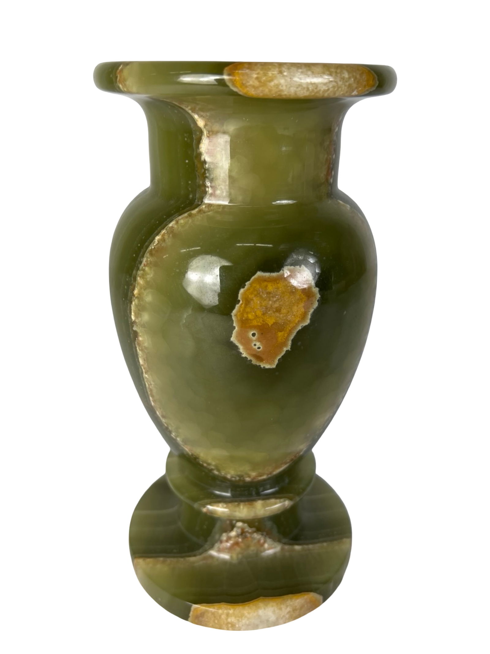 Polished Green Onyx Decorative Vase: Hand-carved decorative vase crafted from polished green onyx stone, showcasing rich olive-green tones accented by striking natural agate-like inclusions and crystalline formations. The piece features