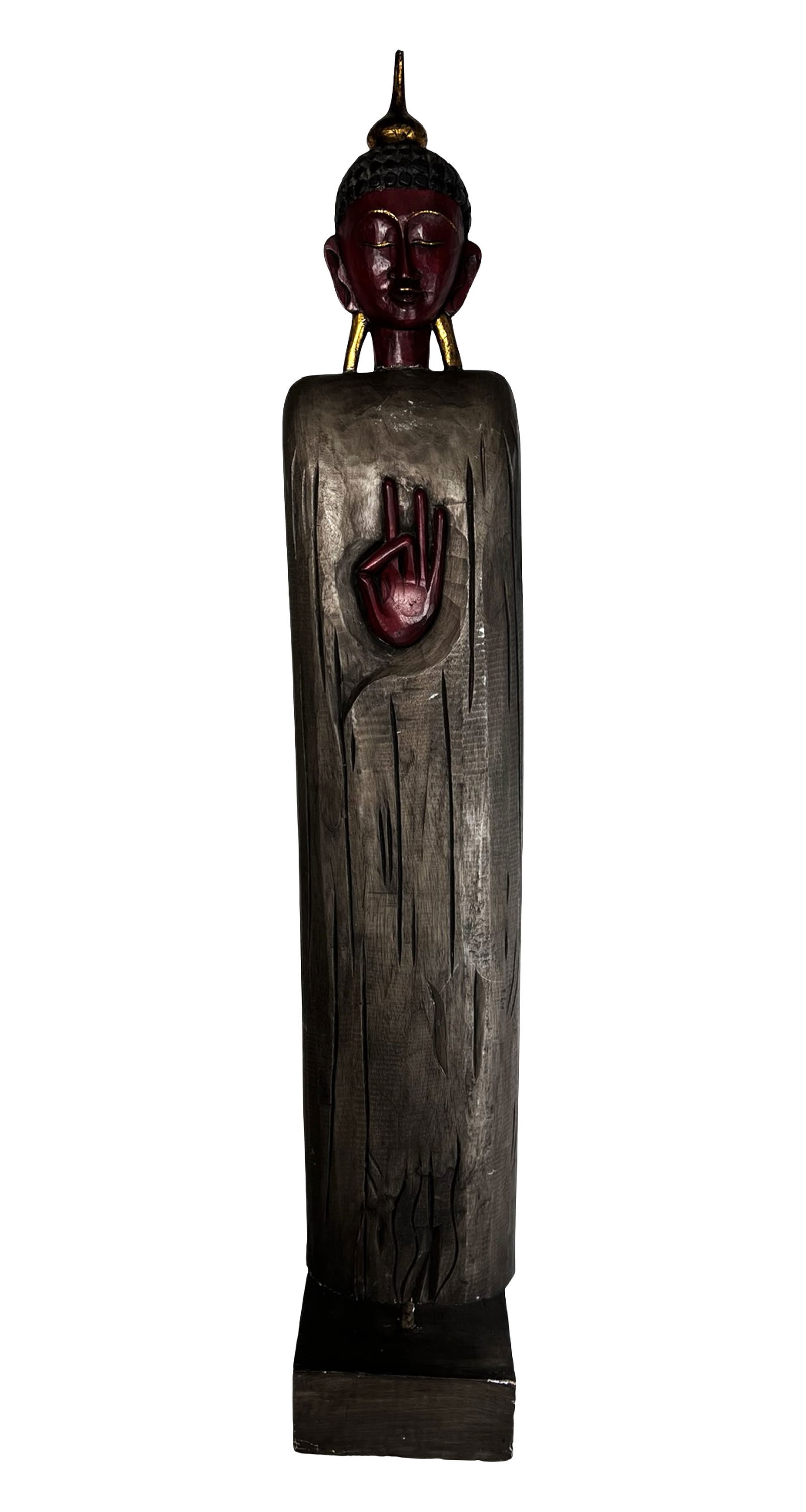 Thai Hand-Carved Wooden Standing Buddha Sculpture: Hand-carved wooden standing Buddha sculpture in the Thai style, featuring a tall, elongated form and serene facial expression characteristic of Southeast Asian Buddhist imagery. The figure displays