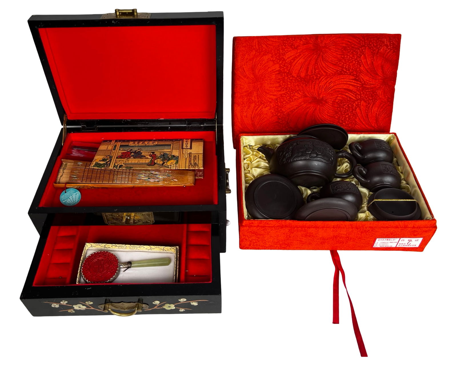 Yixing Zisha Purple Clay Tea Set & Lacquer Box: Group featuring a traditional Yixing zisha (purple clay) tea set accompanied by a decorative Asian lacquer jewelry box with fitted interior. The tea set includes a teapot and matching cups crafted
