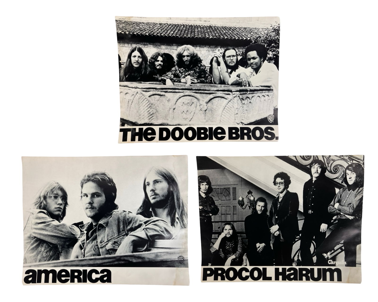 1970s Rock Band Promotional Posters Warner Records: Group of three vintage music industry promotional posters featuring the rock bands The Doobie Brothers, America, and Procol Harum. These striking black-and-white photographic posters were issued by re