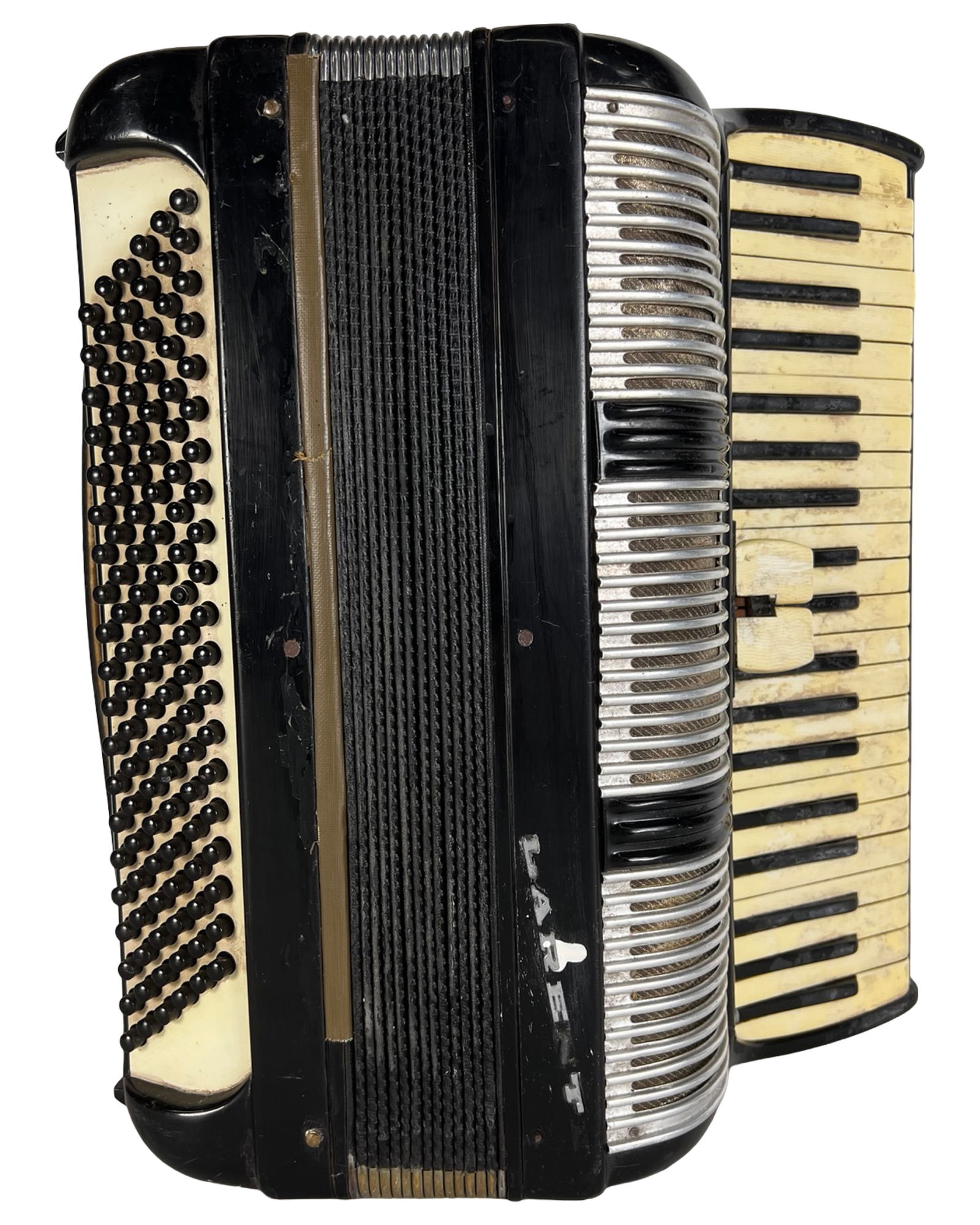 Vintage 1950s Italian Larenti Piano Accordion: Vintage mid-20th century Italian Larenti piano accordion featuring a classic black body with chrome grille and cream-colored piano keys. The instrument includes a full keyboard on the right side and