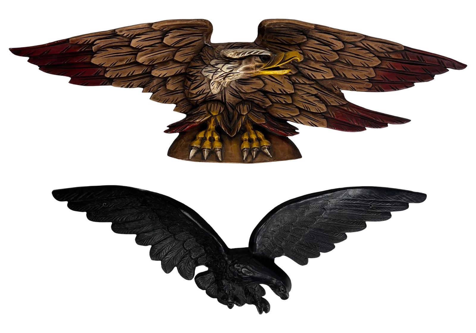 Bellamy Style Hand-Carved Wood & Cast Metal Eaglea: Pair of American patriotic eagle wall plaques in the classic Bellamy style, featuring one hand-carved wooden eagle with painted surface and one cast metal eagle with dark patinated finish. Both