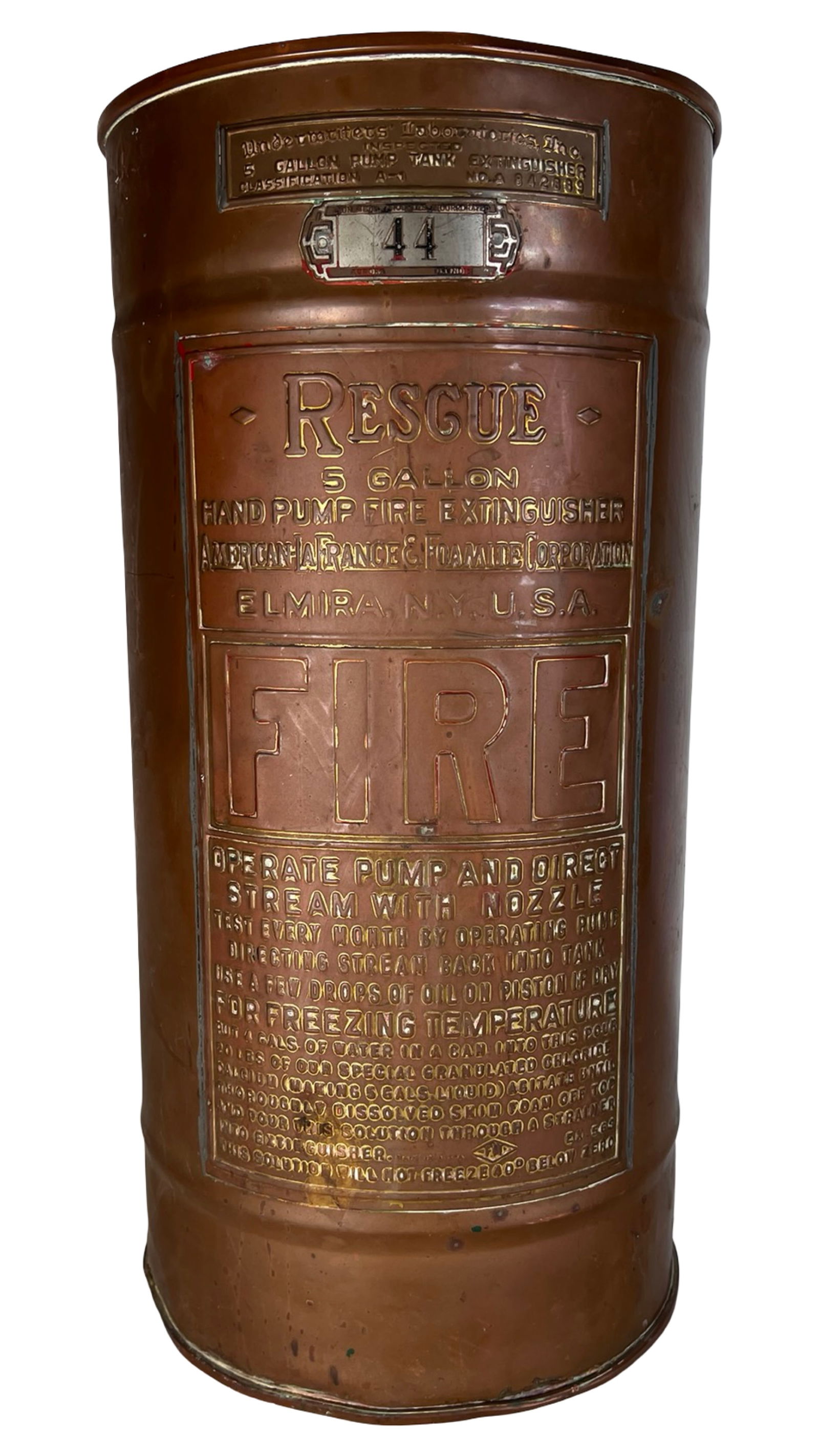 Copper Hand Pump Fire Extinguisher Umbrella Stand: Antique American LaFrance & Foamite copper fire extinguisher repurposed as an umbrella stand. The cylindrical body retains its original embossed lettering reading "Rescue 5 Gallon Hand Pump Fire