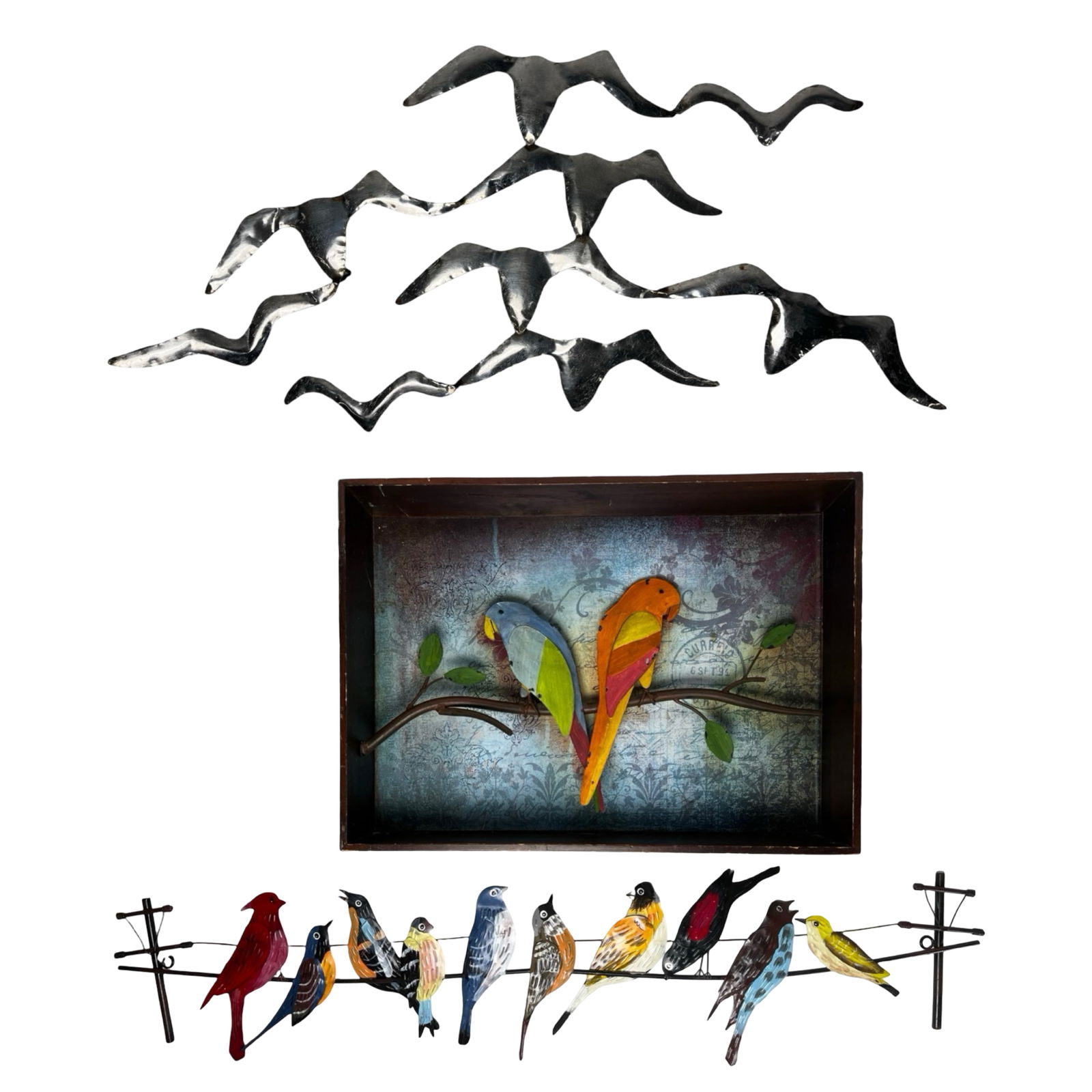 Metal Wall Art Birds Decor Group: Group of decorative metal wall art pieces featuring bird motifs in a variety of styles and finishes. The lot includes a framed dimensional wall sculpture depicting two colorful parrots perched on a