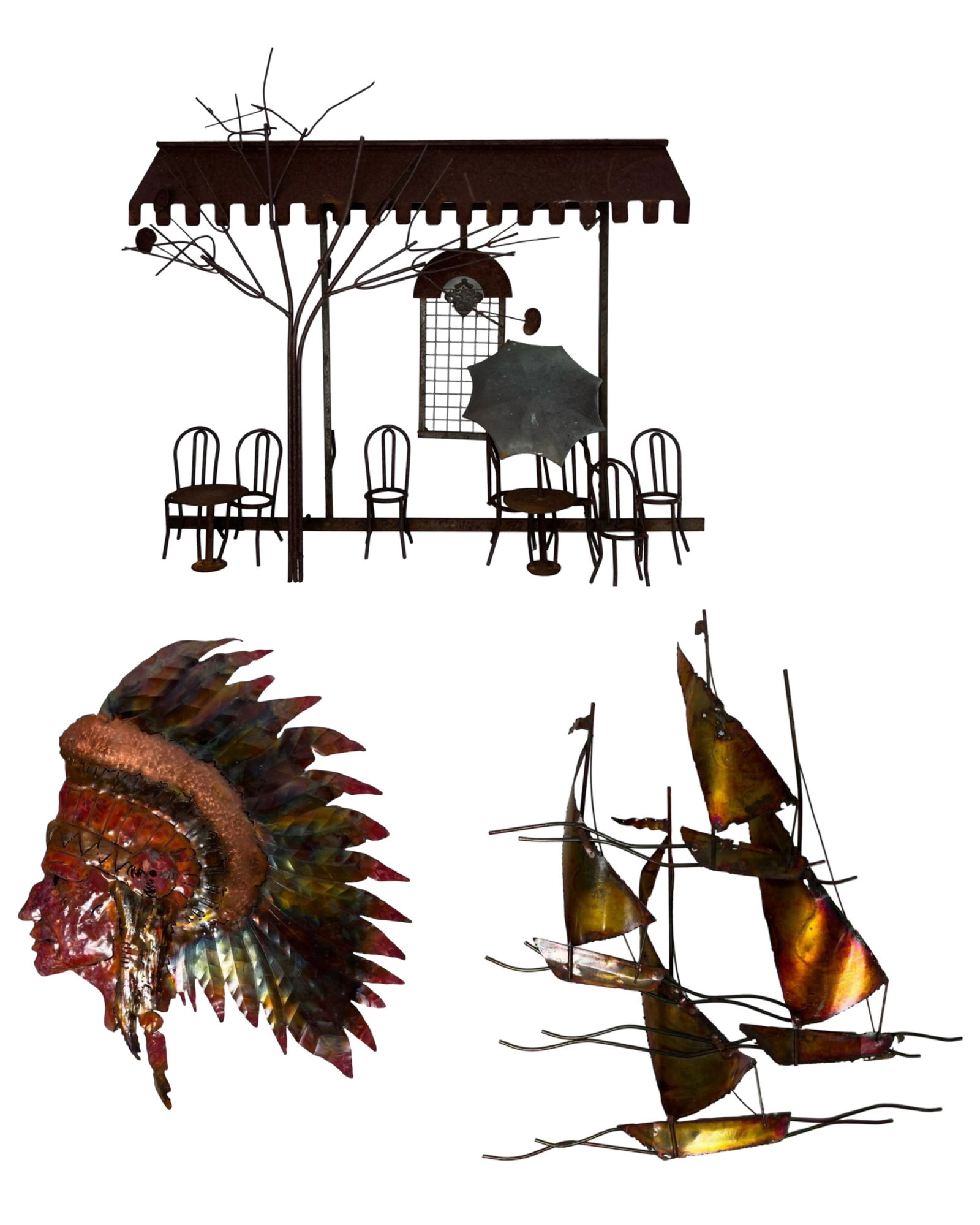 Mixed Metal Wall Art Sculptures Cafe, Chief, Boats: Group of three decorative mixed metal wall art sculptures featuring distinctive thematic designs. The lot includes a dimensional café street scene with tables, chairs, umbrella, and tree beneath a ca