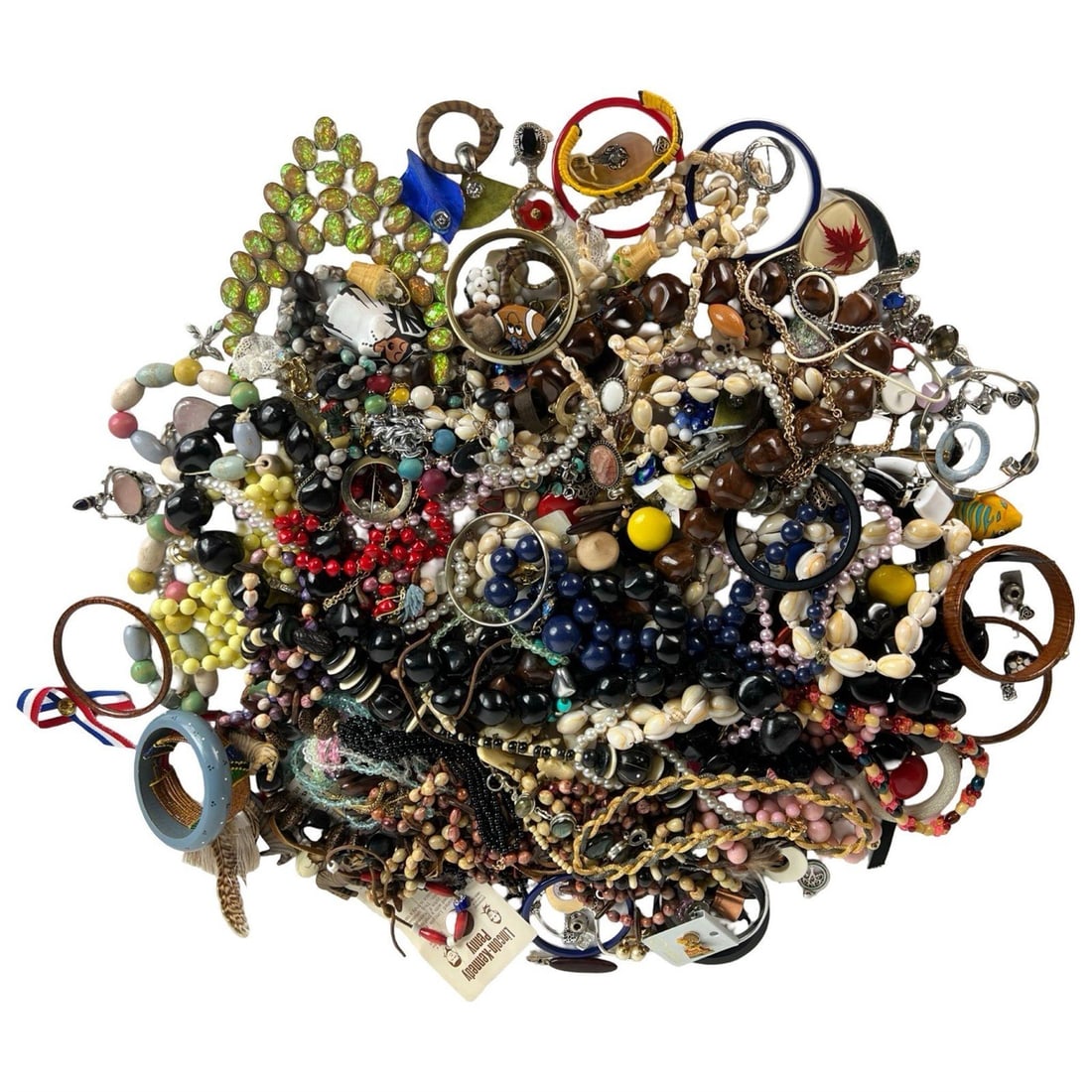 Large Unsearched Lot of Costume & Craft Jewelry: Extensive unsearched assortment of costume and craft jewelry, featuring a wide mix of bracelets, necklaces, earrings, pendants, and beads in various materials, colors, and styles. Untested and