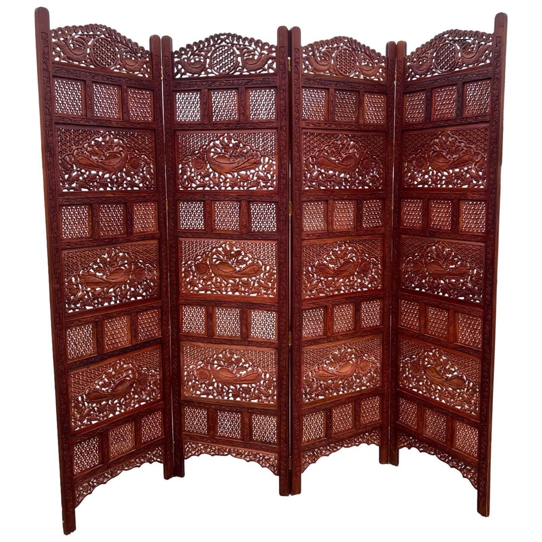 Sheesham 4 Panels Hand-Carved Screen with Peacocks (1 of 4)