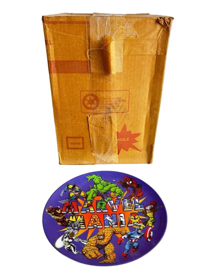 Marvel Mania Restaurant Super Heroes Plates - 36: Original 1997 Marvel Mania restaurant character plates featuring vibrant, full-color graphics of iconic Marvel superheroes including Spider-Man, Hulk, Wolverine, Captain America, Storm, The Thing, and
