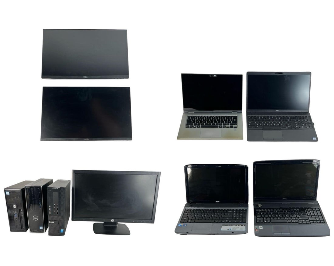 Lot of Laptops, Monitors, and Desktop Computers: Assorted group of computer equipment including four laptops, three desktop towers, and three monitors. The desktops include an HP ProDesk 400 G3 SFF Business PC, Dell Inspiron, and Dell OptiPlex XE2 S
